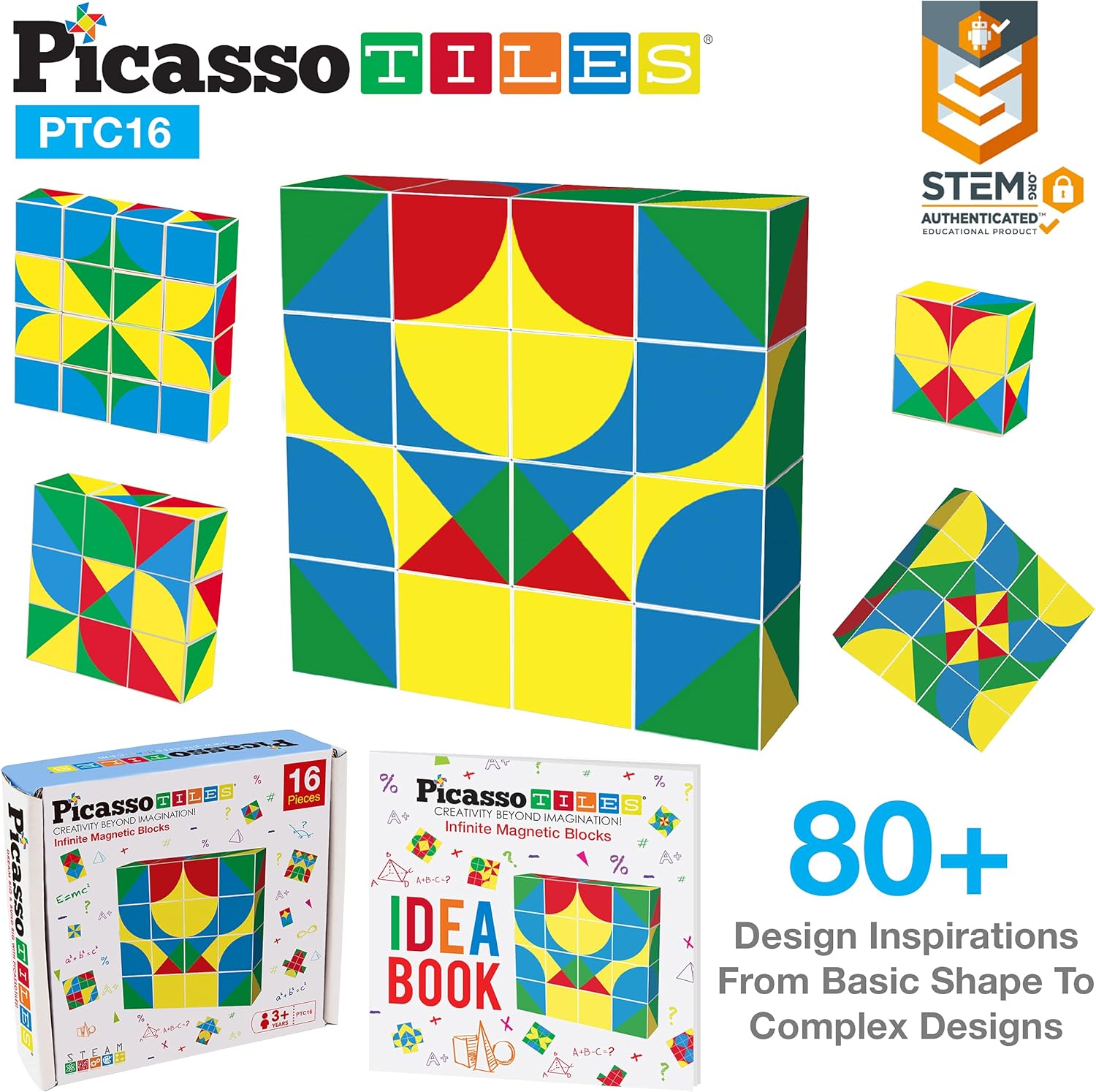 Picasso Cubes 1 Magnetic Puzzle Cubes 108 Piece Magnet Construction Building Block Set Sensory Toy Early Education STEM Learning Free Ideabook with 50 Ideas Children Age 3 Boy Girl PMC108Geo1