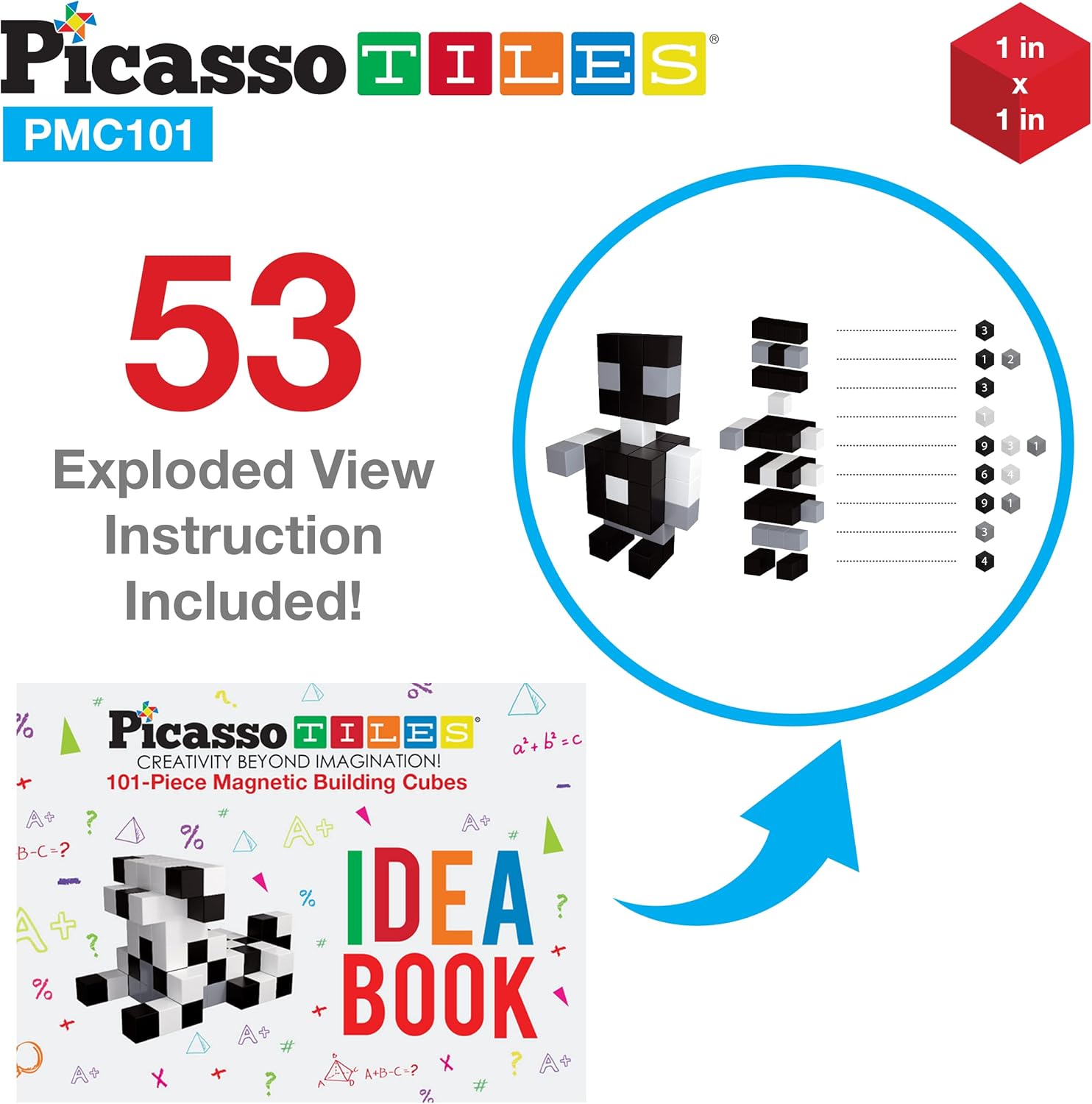Picasso Cubes 1 Magnetic Puzzle Cubes 108 Piece Magnet Construction Building Block Set Sensory Toy Early Education STEM Learning Free Ideabook with 50 Ideas Children Age 3 Boy Girl PMC1081Achromatic101