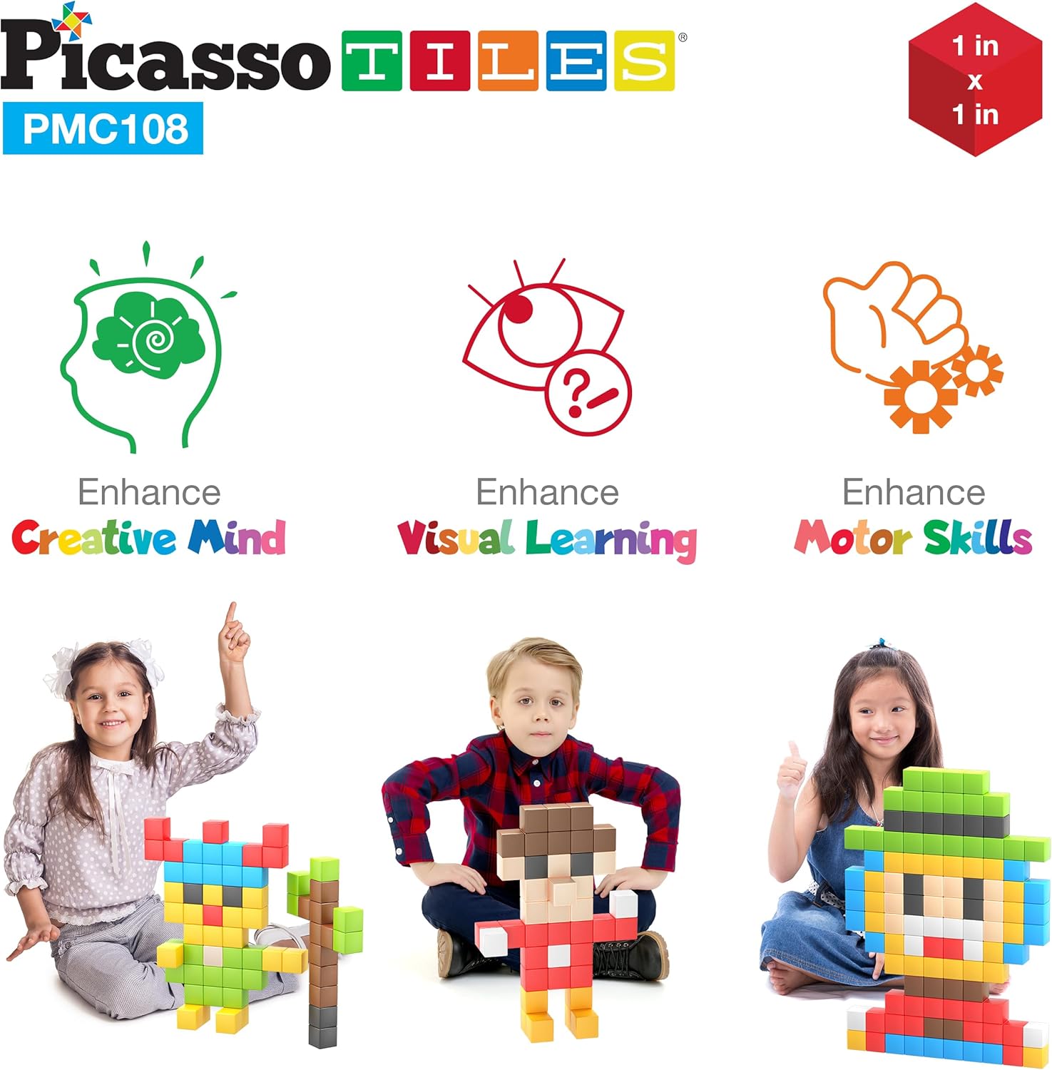 Picasso Cubes 1 Magnetic Puzzle Cubes 108 Piece Magnet Construction Building Block Set Sensory Toy Early Education STEM Learning Free Ideabook with 50 Ideas Children Age 3 Boy Girl PMC108108pc