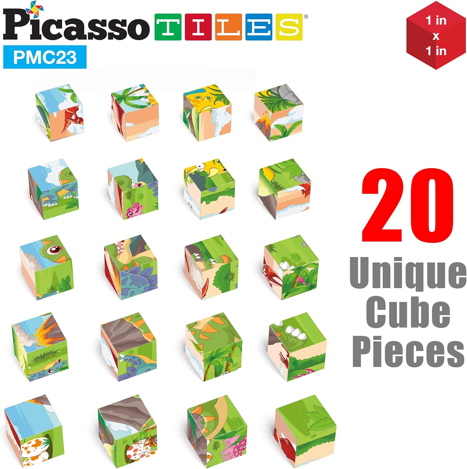 Picasso Cubes 1 Magnetic Puzzle Cubes 108 Piece Magnet Construction Building Block Set Sensory Toy Early Education STEM Learning Free Ideabook with 50 Ideas Children Age 3 Boy Girl PMC108Dinosaur
