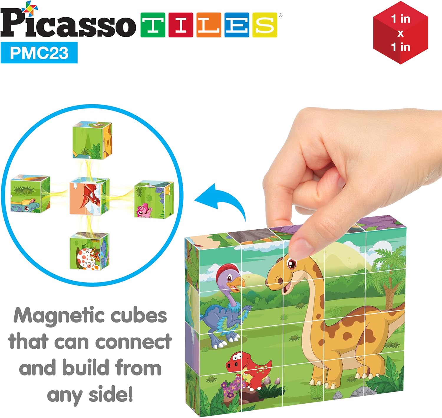 Picasso Cubes 1 Magnetic Puzzle Cubes 108 Piece Magnet Construction Building Block Set Sensory Toy Early Education STEM Learning Free Ideabook with 50 Ideas Children Age 3 Boy Girl PMC108Dinosaur