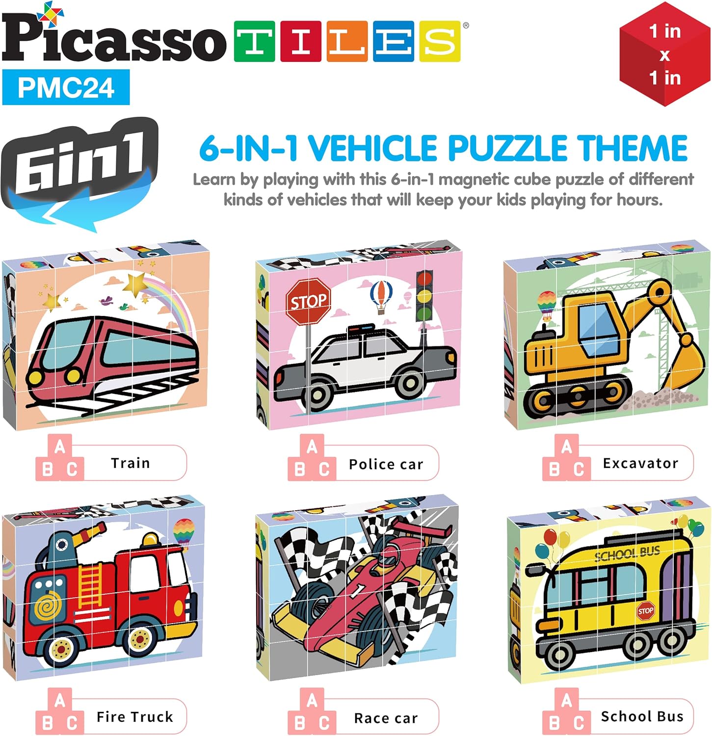 Picasso Cubes 1 Magnetic Puzzle Cubes 108 Piece Magnet Construction Building Block Set Sensory Toy Early Education STEM Learning Free Ideabook with 50 Ideas Children Age 3 Boy Girl PMC108Car