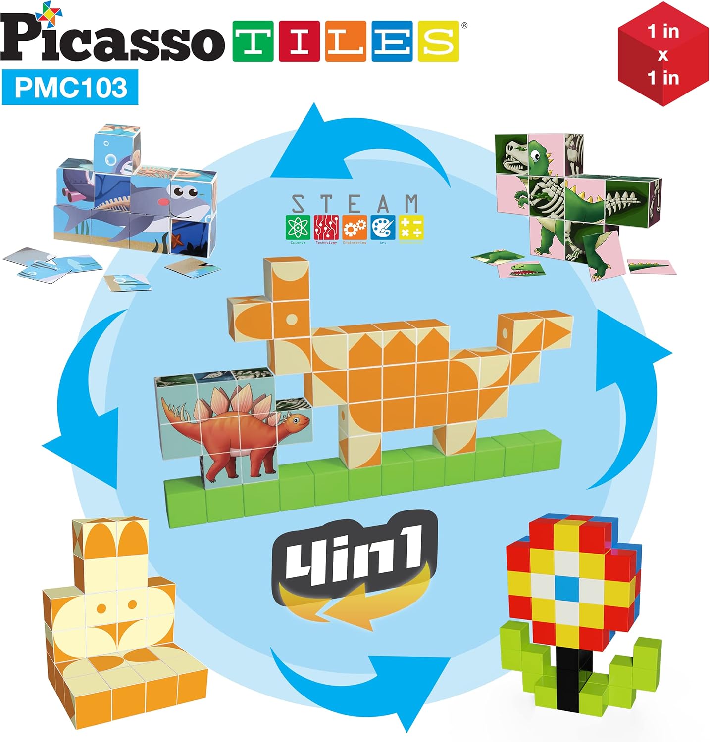 Picasso Cubes 1 Magnetic Puzzle Cubes 108 Piece Magnet Construction Building Block Set Sensory Toy Early Education STEM Learning Free Ideabook with 50 Ideas Children Age 3 Boy Girl PMC108103pc