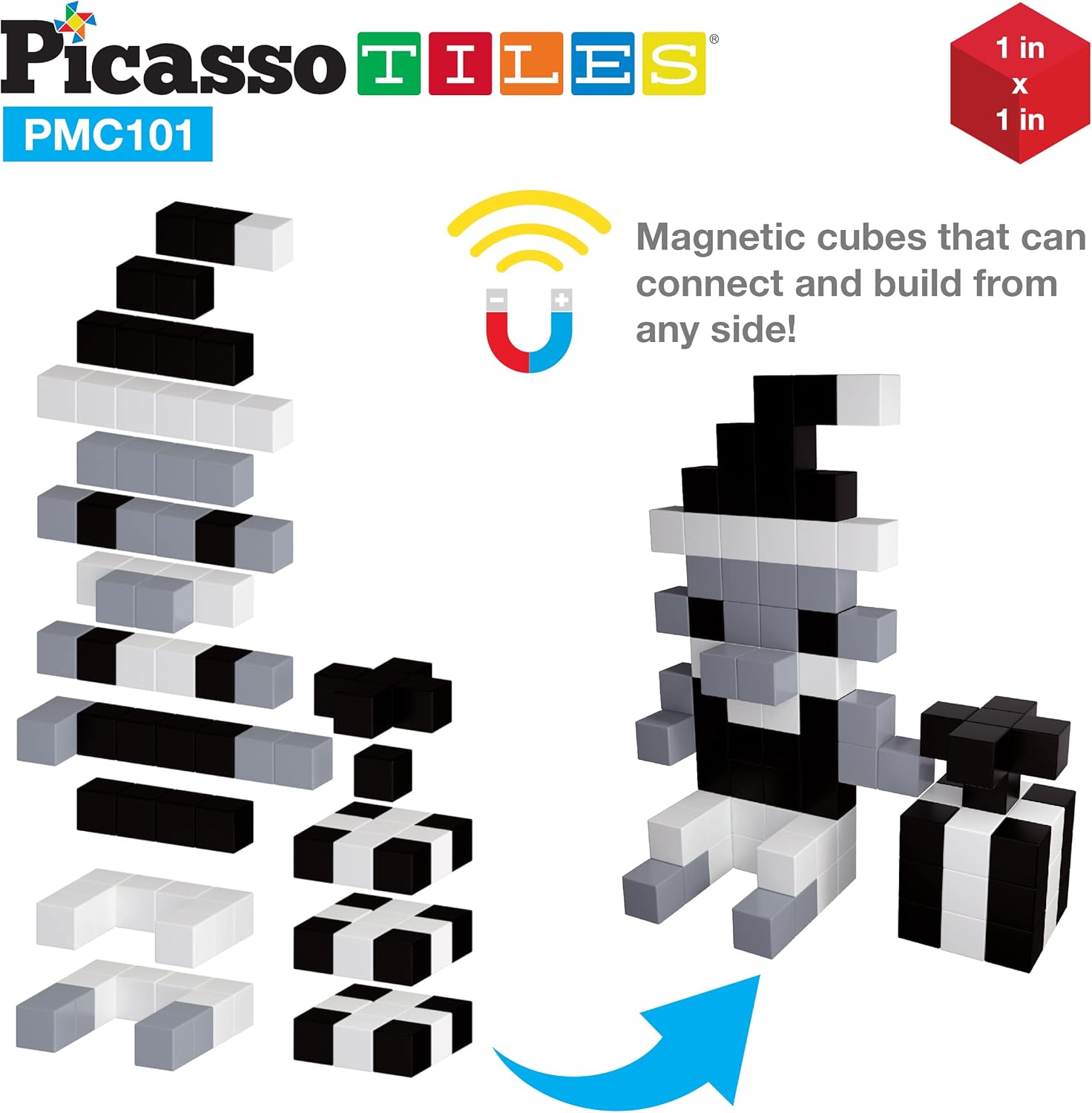 Picasso Cubes 1 Magnetic Puzzle Cubes 108 Piece Magnet Construction Building Block Set Sensory Toy Early Education STEM Learning Free Ideabook with 50 Ideas Children Age 3 Boy Girl PMC1081Achromatic101