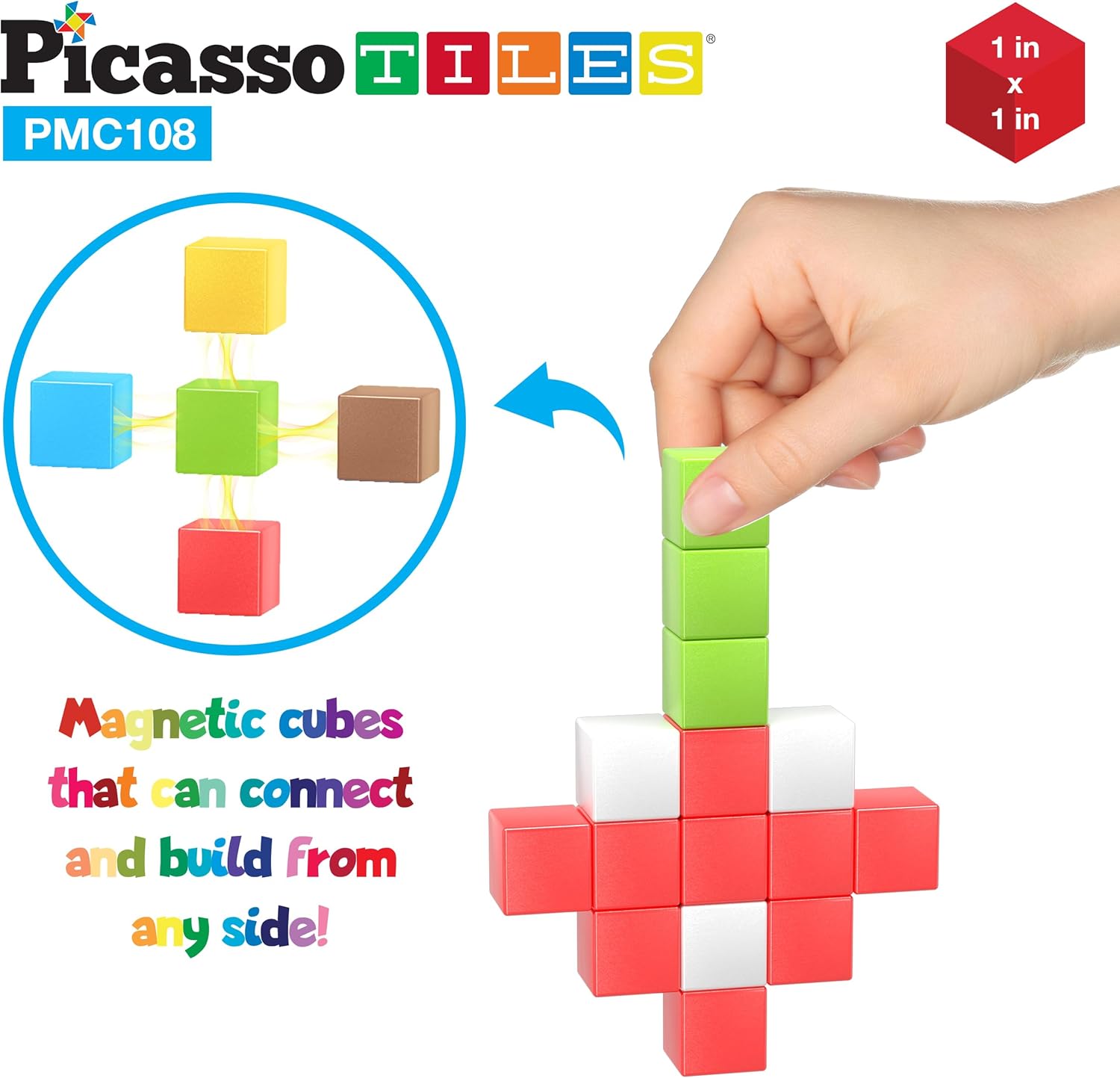 Picasso Cubes 1 Magnetic Puzzle Cubes 108 Piece Magnet Construction Building Block Set Sensory Toy Early Education STEM Learning Free Ideabook with 50 Ideas Children Age 3 Boy Girl PMC108108pc