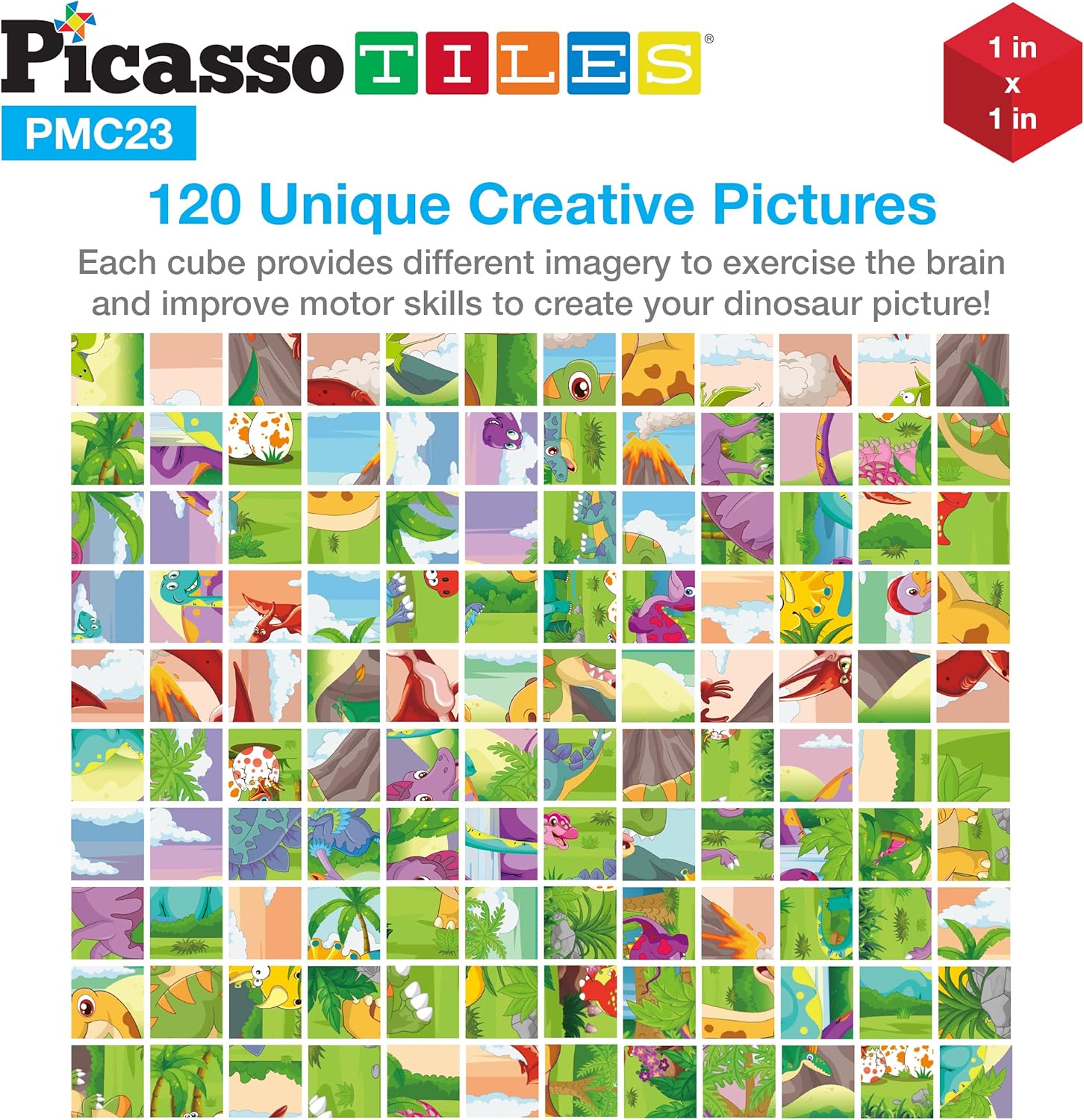 Picasso Cubes 1 Magnetic Puzzle Cubes 108 Piece Magnet Construction Building Block Set Sensory Toy Early Education STEM Learning Free Ideabook with 50 Ideas Children Age 3 Boy Girl PMC108Dinosaur