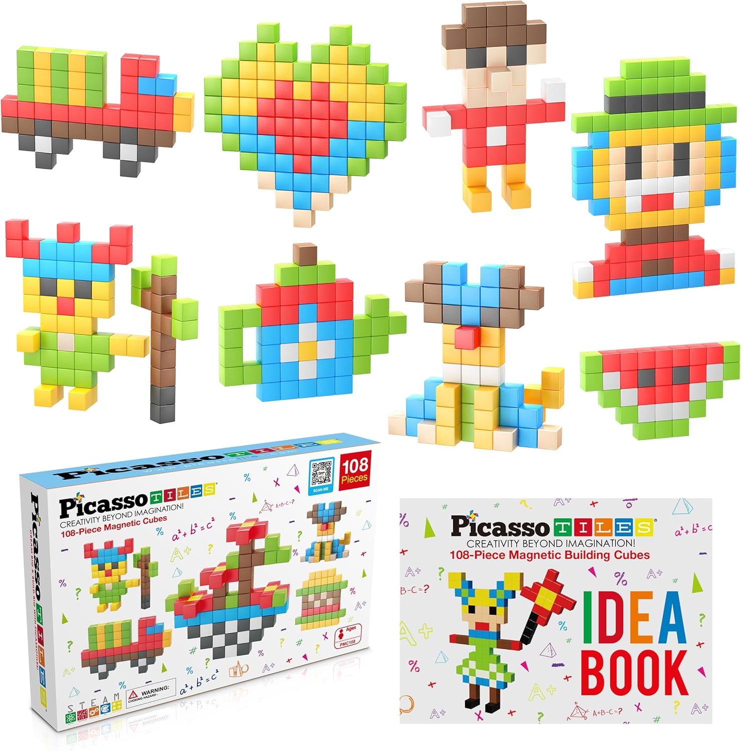 Picasso Cubes 1 Magnetic Puzzle Cubes 108 Piece Magnet Construction Building Block Set Sensory Toy Early Education STEM Learning Free Ideabook with 50 Ideas Children Age 3 Boy Girl PMC108108pc