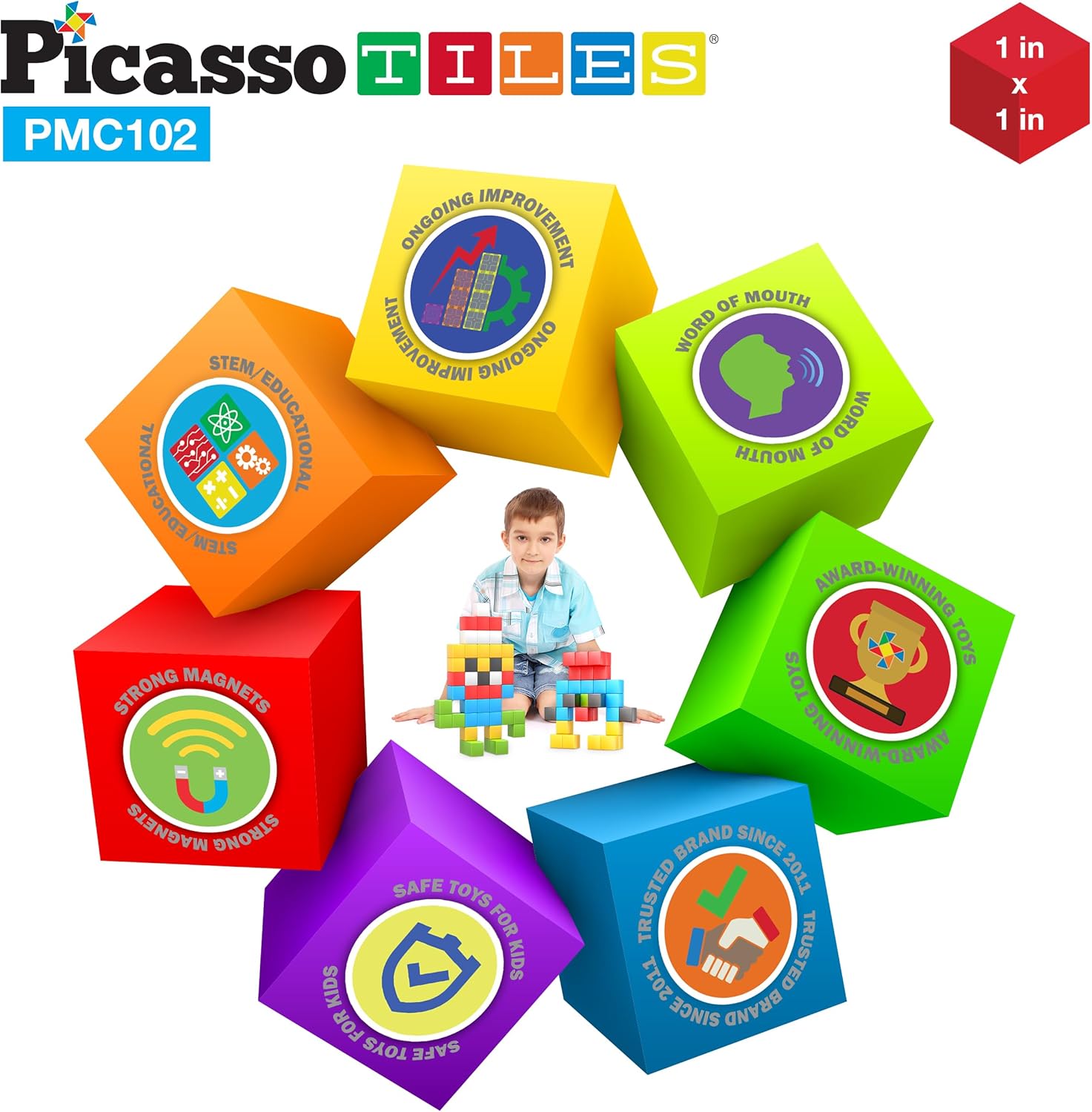 Picasso Cubes 1 Magnetic Puzzle Cubes 108 Piece Magnet Construction Building Block Set Sensory Toy Early Education STEM Learning Free Ideabook with 50 Ideas Children Age 3 Boy Girl PMC1081Color102