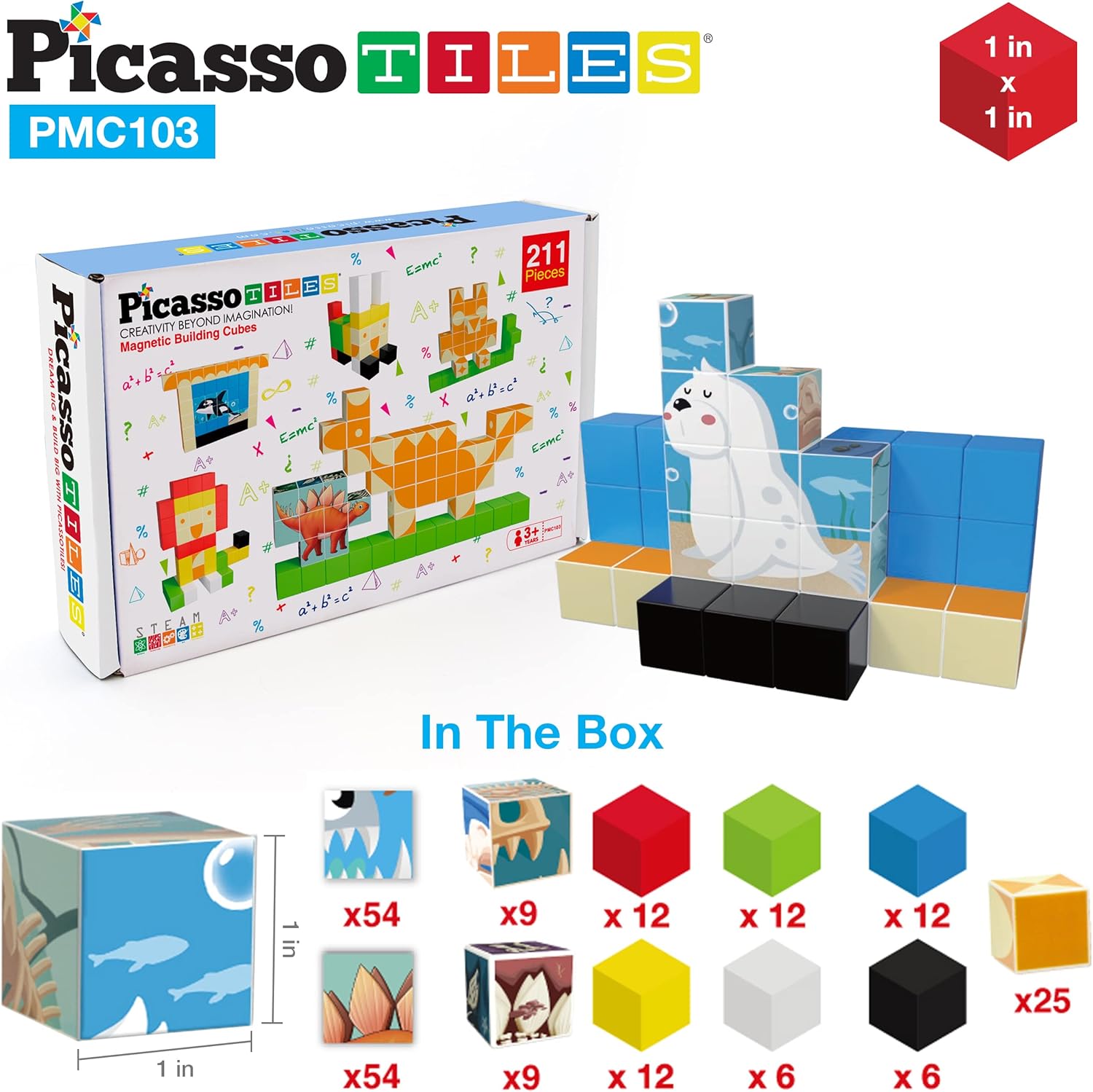 Picasso Cubes 1 Magnetic Puzzle Cubes 108 Piece Magnet Construction Building Block Set Sensory Toy Early Education STEM Learning Free Ideabook with 50 Ideas Children Age 3 Boy Girl PMC108103pc