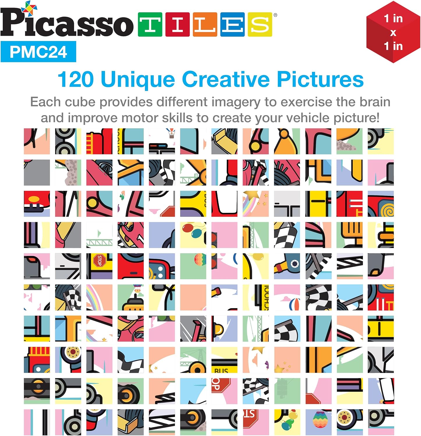 Picasso Cubes 1 Magnetic Puzzle Cubes 108 Piece Magnet Construction Building Block Set Sensory Toy Early Education STEM Learning Free Ideabook with 50 Ideas Children Age 3 Boy Girl PMC108Car