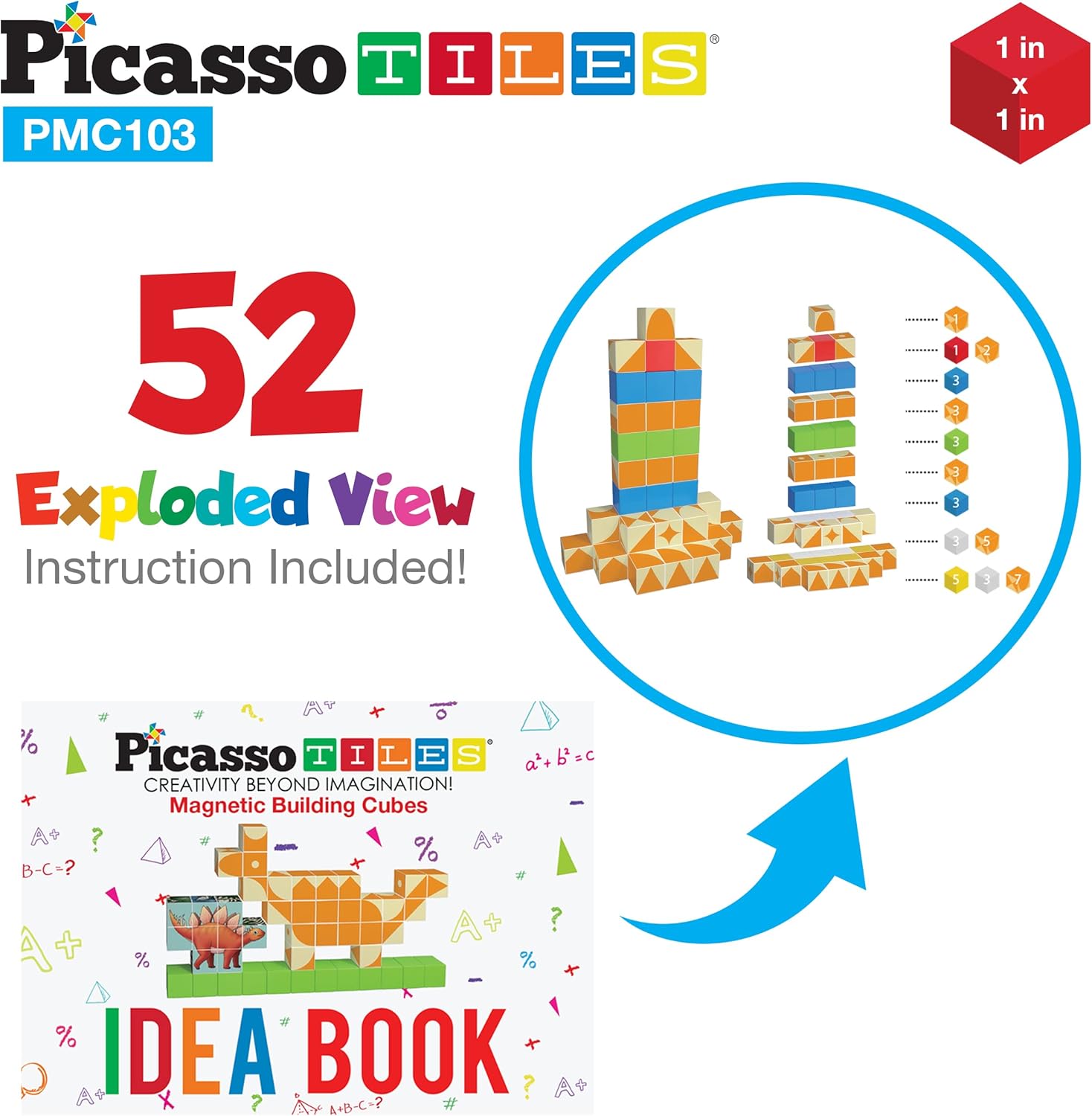 Picasso Cubes 1 Magnetic Puzzle Cubes 108 Piece Magnet Construction Building Block Set Sensory Toy Early Education STEM Learning Free Ideabook with 50 Ideas Children Age 3 Boy Girl PMC108103pc
