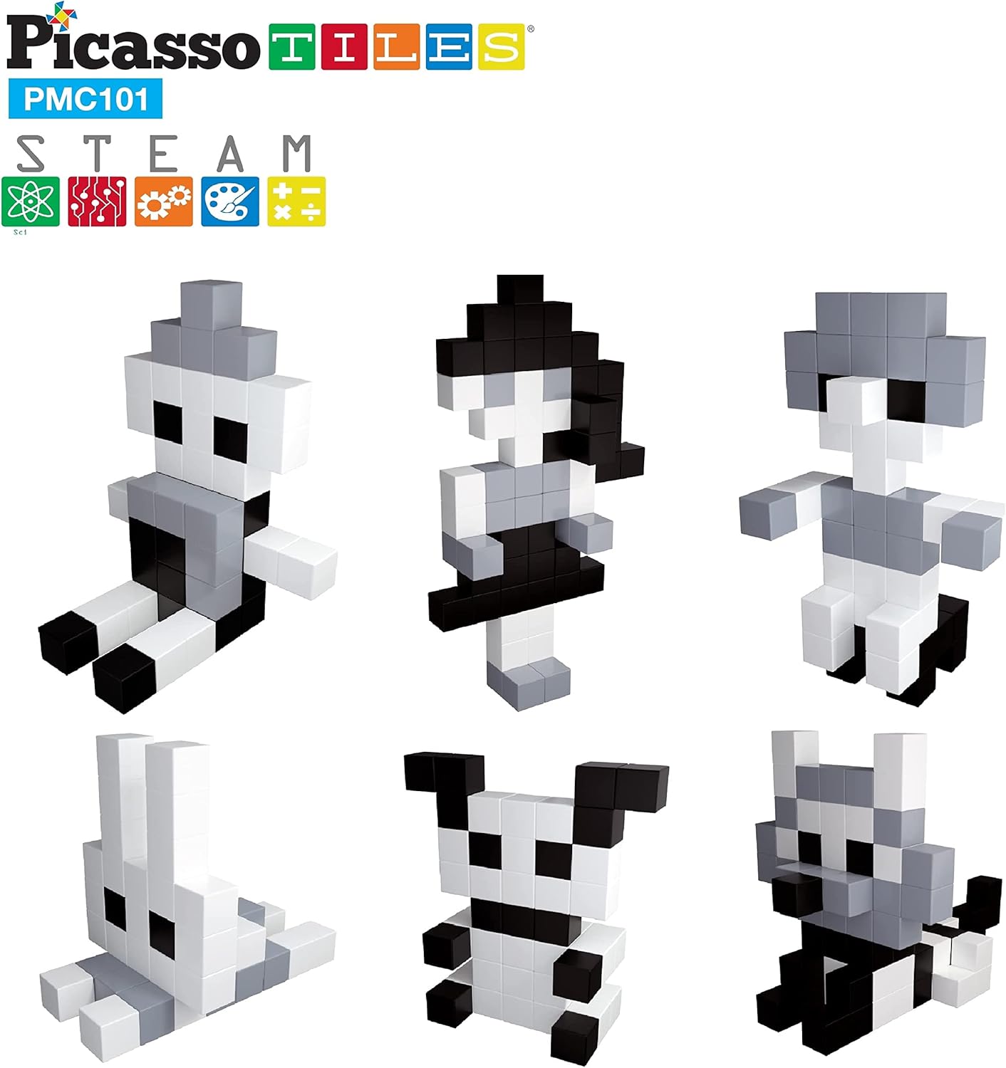 Picasso Cubes 1 Magnetic Puzzle Cubes 108 Piece Magnet Construction Building Block Set Sensory Toy Early Education STEM Learning Free Ideabook with 50 Ideas Children Age 3 Boy Girl PMC1081Achromatic101
