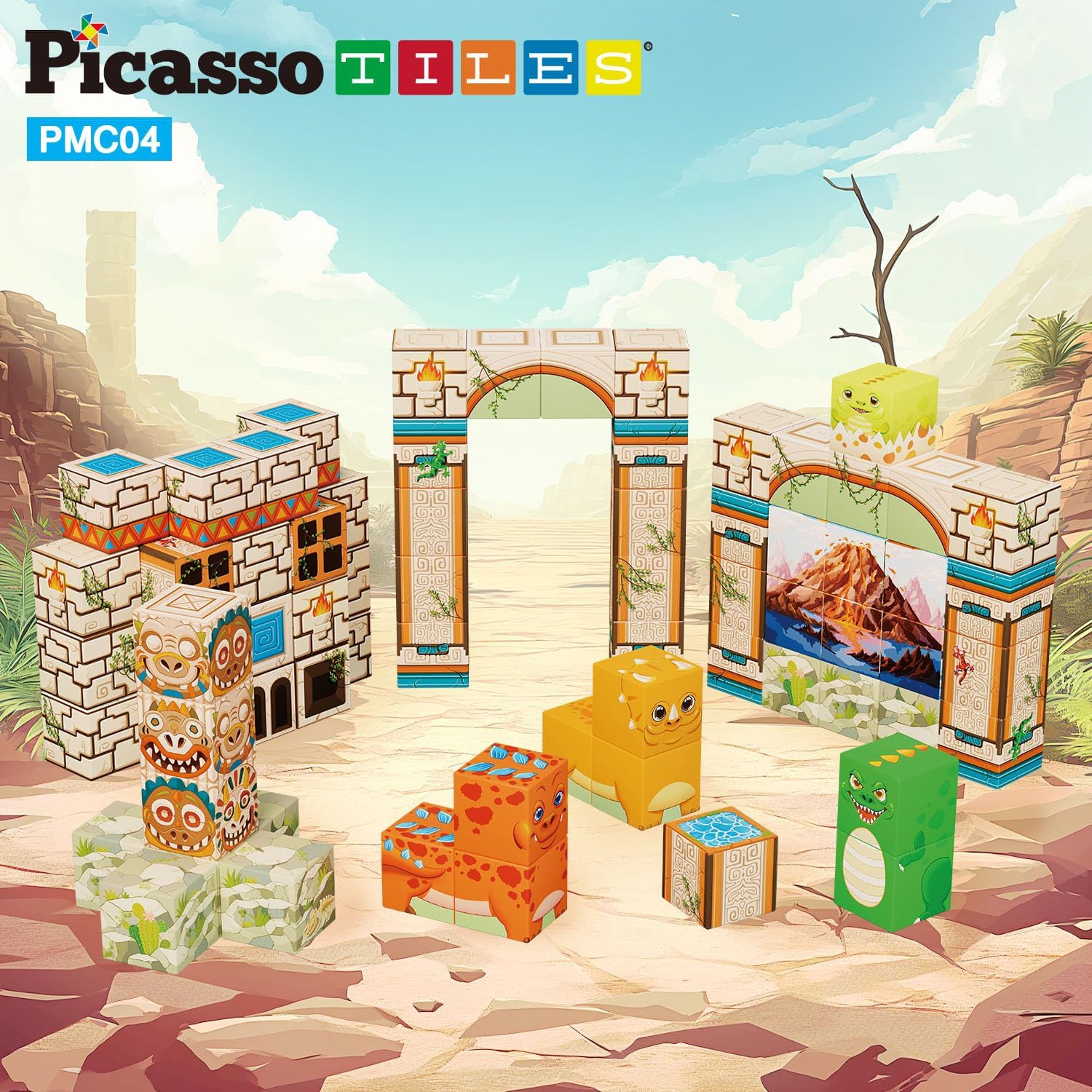 PicassoTiles 05 Pixel Magnetic Puzzle Cube 100 Piece Mix ampamp Match Cubes Sensory Toys STEAM Education Learning Building Block Magnets Children Construction Toy Set Stacking Magnet Creative Kit PMC100Prehistoric World Themed