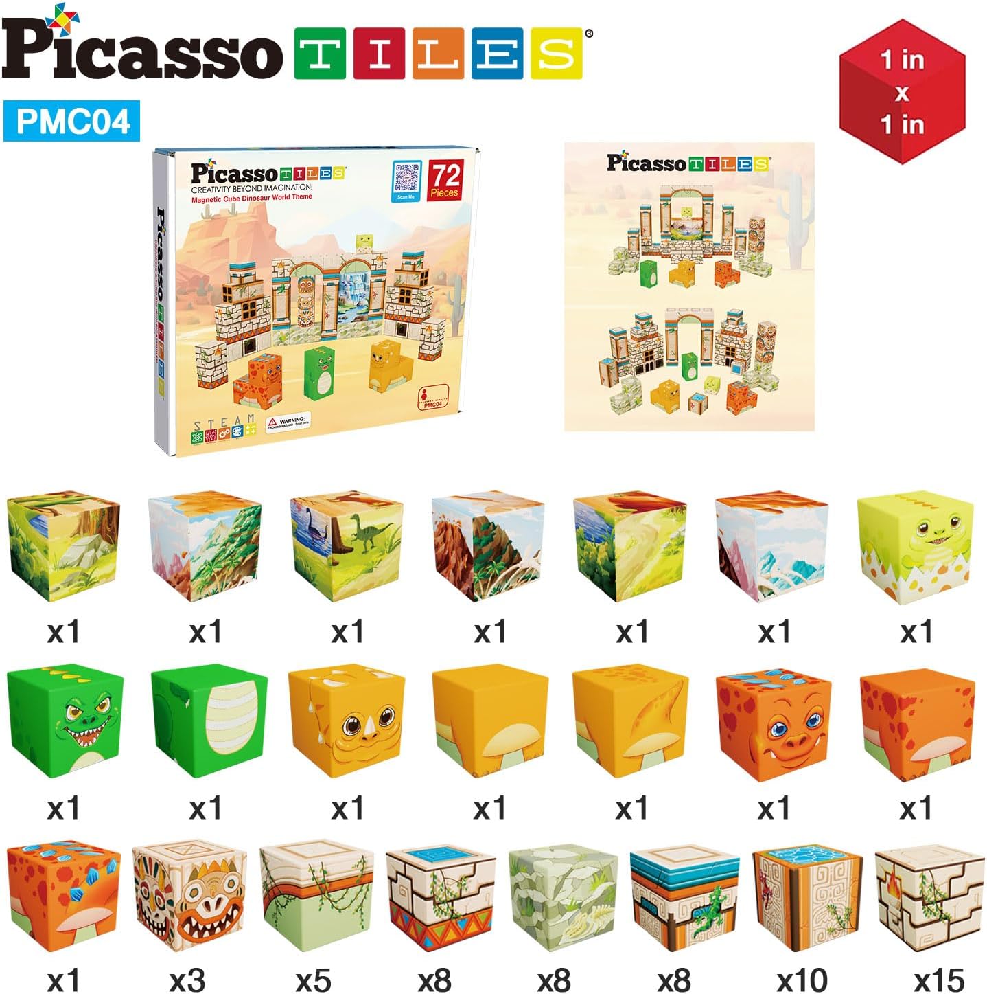 PicassoTiles 05 Pixel Magnetic Puzzle Cube 100 Piece Mix ampamp Match Cubes Sensory Toys STEAM Education Learning Building Block Magnets Children Construction Toy Set Stacking Magnet Creative Kit PMC100Prehistoric World Themed