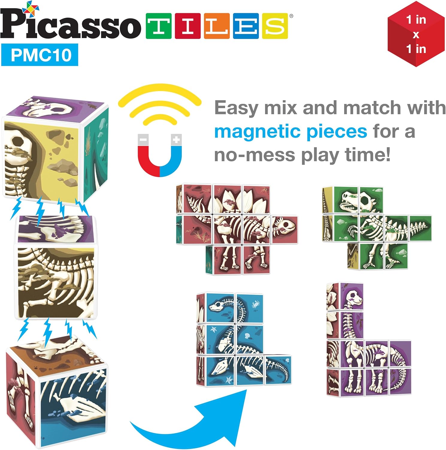 PicassoTiles 05 Pixel Magnetic Puzzle Cube 100 Piece Mix ampamp Match Cubes Sensory Toys STEAM Education Learning Building Block Magnets Children Construction Toy Set Stacking Magnet Creative Kit PMC1007in1 Dinosaur Theme