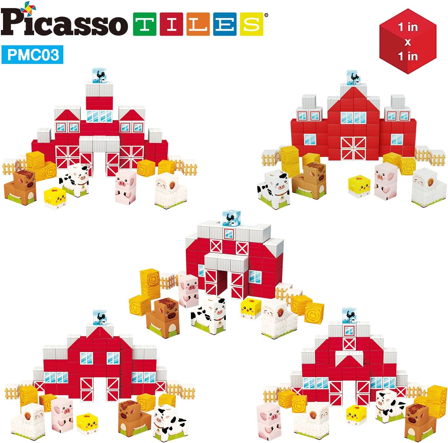 PicassoTiles 05 Pixel Magnetic Puzzle Cube 100 Piece Mix ampamp Match Cubes Sensory Toys STEAM Education Learning Building Block Magnets Children Construction Toy Set Stacking Magnet Creative Kit PMC100Cube Farm House Theme