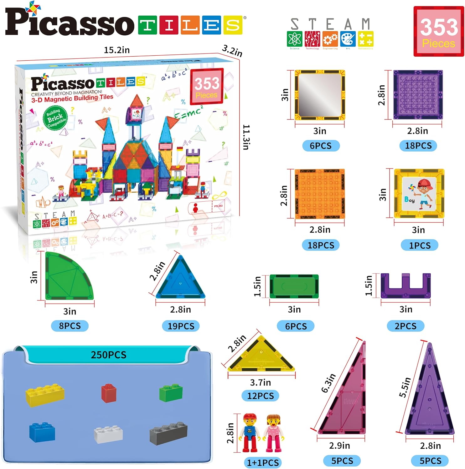 PicassoTiles 12pcs Magnetic Brick Tiles STEM Creative Magnetic Tiles Building Block Set Building Brick Construction Toy Socket Spikes Toys Accessory Educational Imaginative Learning Kit Stacking SetPTL353