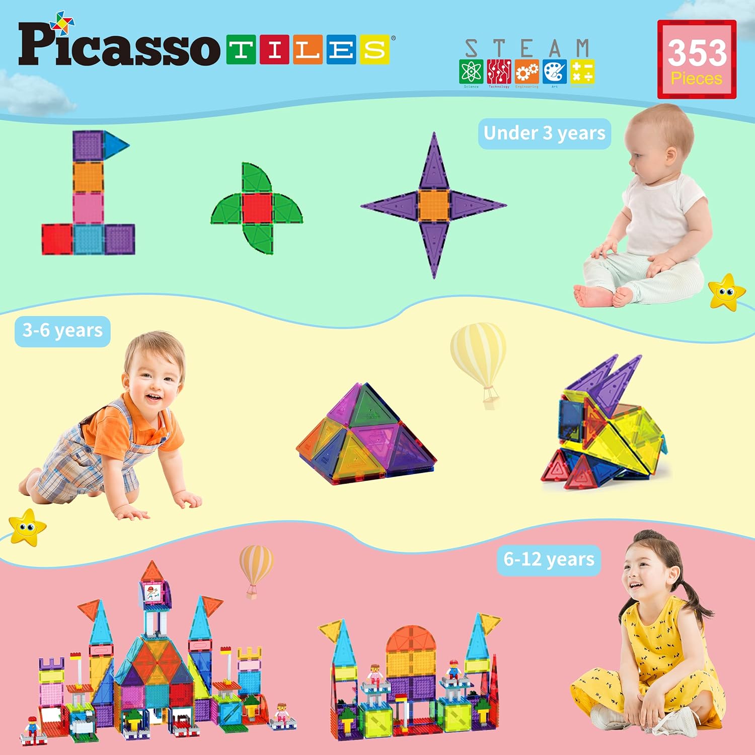 PicassoTiles 12pcs Magnetic Brick Tiles STEM Creative Magnetic Tiles Building Block Set Building Brick Construction Toy Socket Spikes Toys Accessory Educational Imaginative Learning Kit Stacking SetPTL353