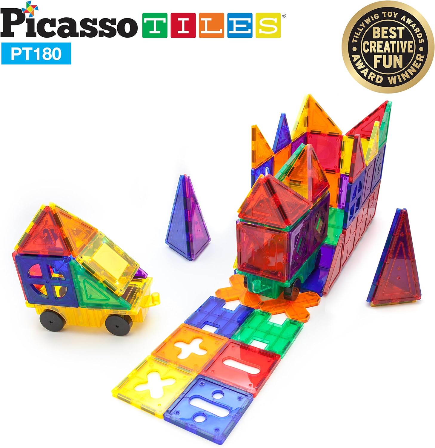 PicassoTiles 180 PCs Magnetic Tile Building Block Deluxe Construction Set with 2 Cars Clear Color Unique Shapes See Through Shape Tiles 3D Playboard Colorful Educational Construction for Kids Ages 3PicassoTiles 180 PCs Magnetic Tile Building Block Deluxe Construction Set with 2 Cars Clear Color Unique Shapes See Through Shape Tiles 3D Playboard Colorful Educational Construction for Kids Ages 3