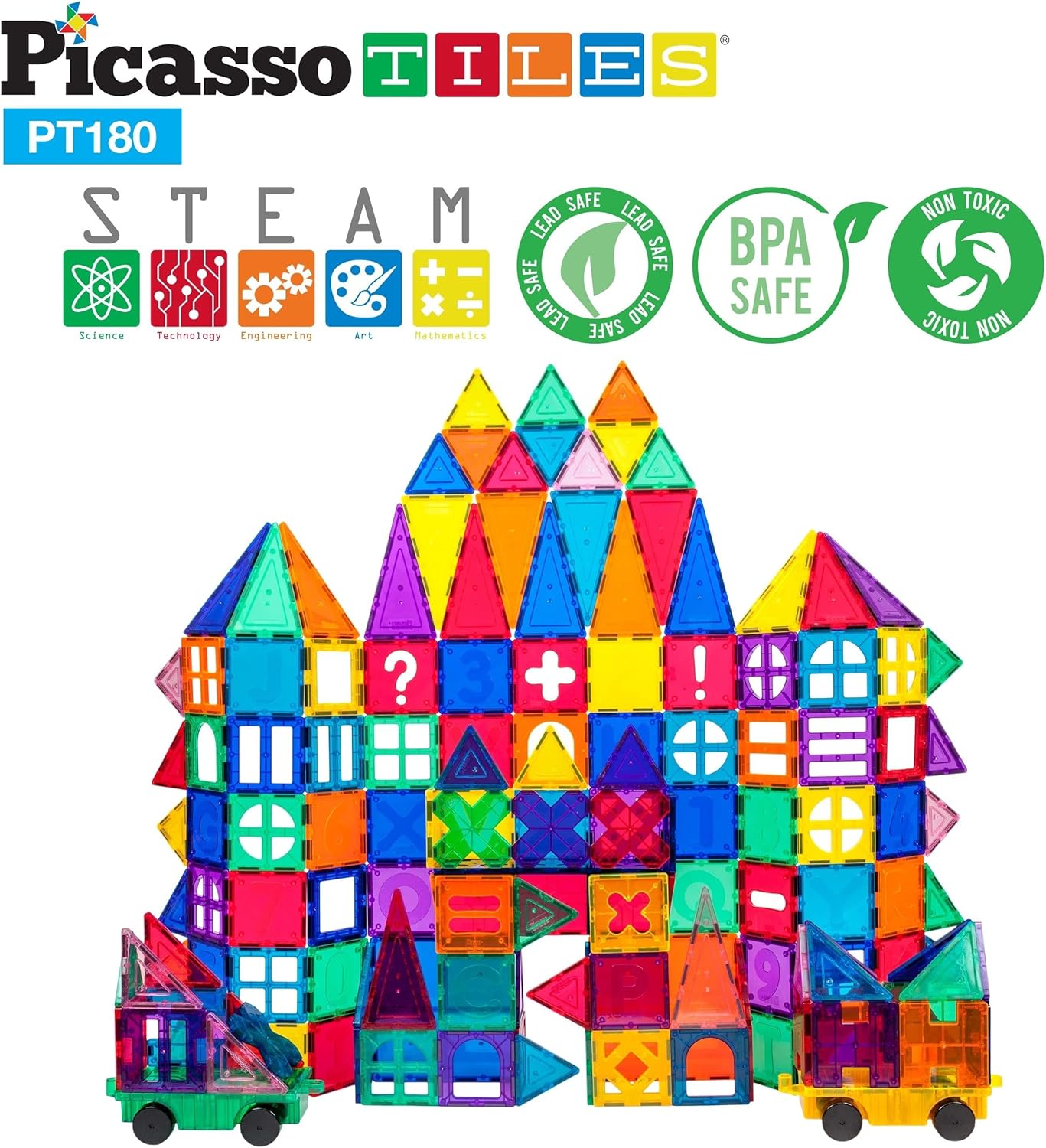PicassoTiles 180 PCs Magnetic Tile Building Block Deluxe Construction Set with 2 Cars Clear Color Unique Shapes See Through Shape Tiles 3D Playboard Colorful Educational Construction for Kids Ages 3PicassoTiles 180 PCs Magnetic Tile Building Block Deluxe Construction Set with 2 Cars Clear Color Unique Shapes See Through Shape Tiles 3D Playboard Colorful Educational Construction for Kids Ages 3