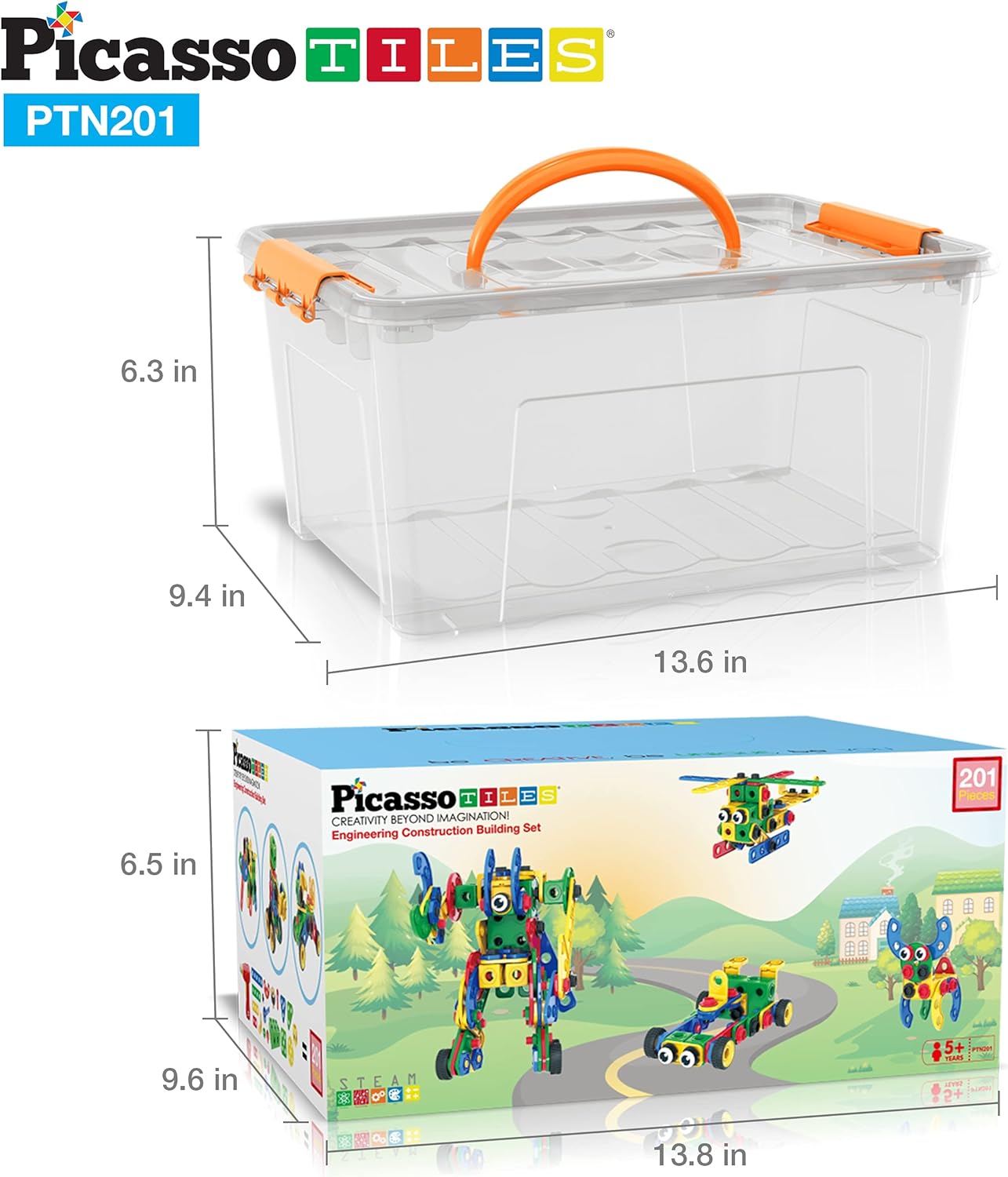 PicassoTiles STEM Kids Solar Powered Transformer Robot Educational Learning Engineering Building Toy 12in1 Creative Unique Transformation Renewable Energy Science Experiment DIY Kit Boy Girl Age 8201PC w Bin