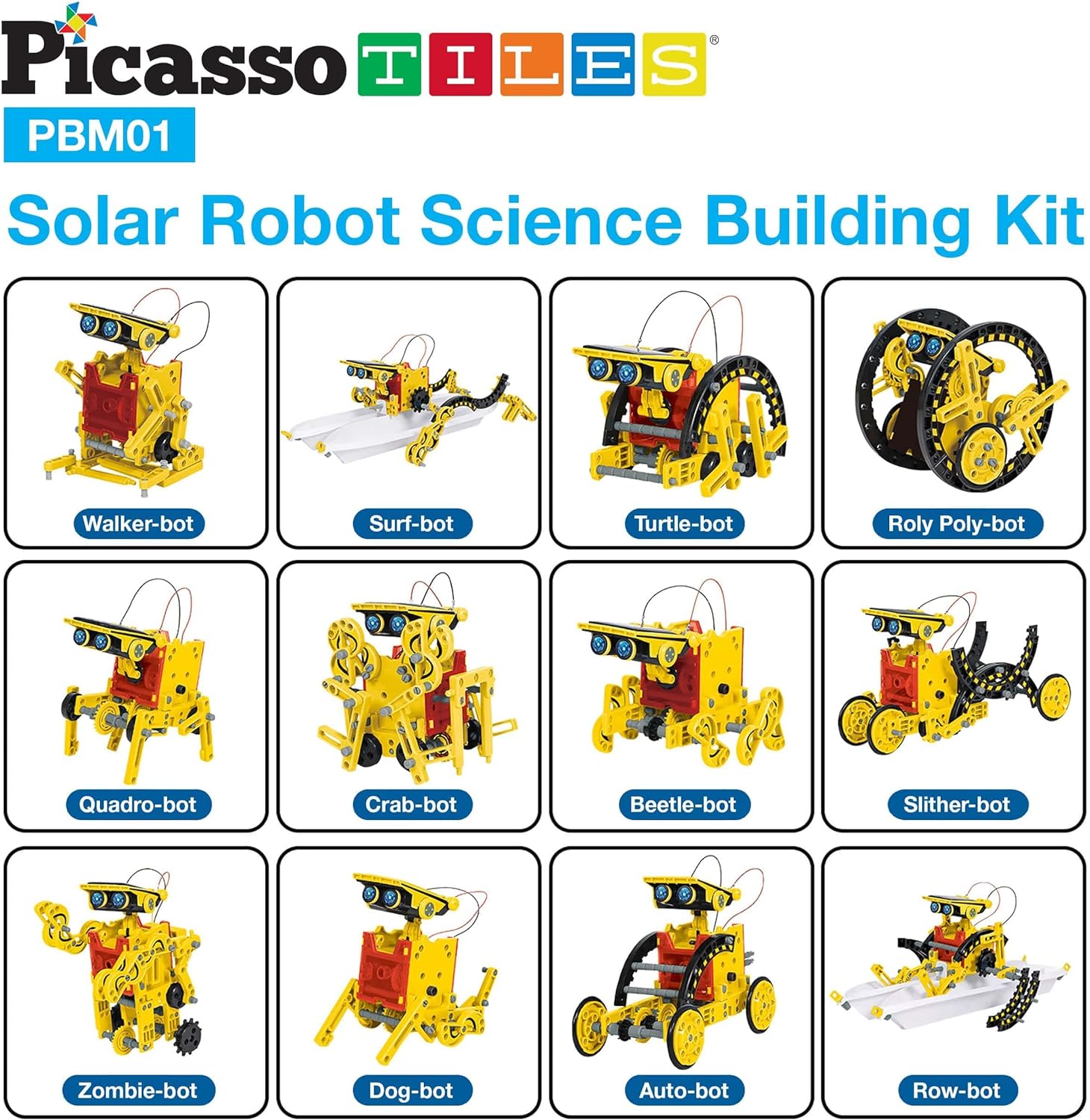 PicassoTiles STEM Kids Solar Powered Transformer Robot Educational Learning Engineering Building Toy 12in1 Creative Unique Transformation Renewable Energy Science Experiment DIY Kit Boy Girl Age 812in1 Robot