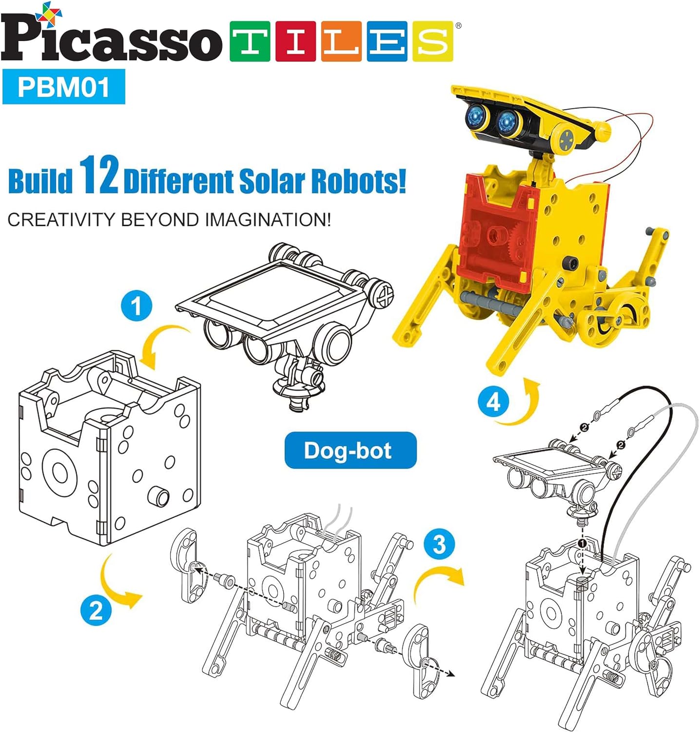 PicassoTiles STEM Kids Solar Powered Transformer Robot Educational Learning Engineering Building Toy 12in1 Creative Unique Transformation Renewable Energy Science Experiment DIY Kit Boy Girl Age 812in1 Robot