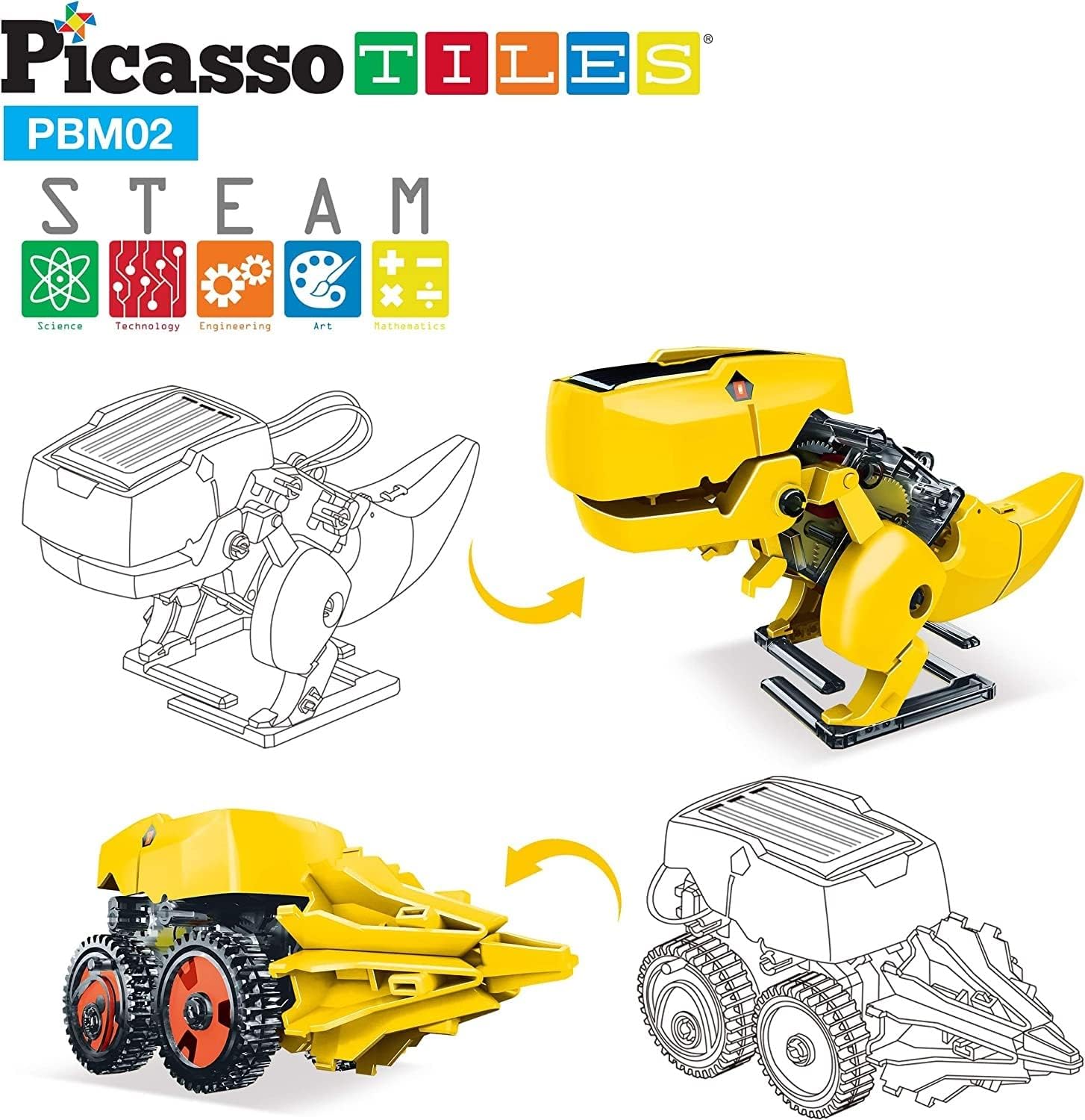 PicassoTiles STEM Kids Solar Powered Transformer Robot Educational Learning Engineering Building Toy 12in1 Creative Unique Transformation Renewable Energy Science Experiment DIY Kit Boy Girl Age 83in1 Dinosaur