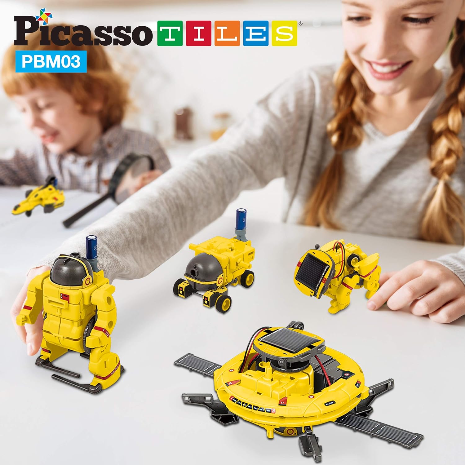 PicassoTiles STEM Kids Solar Powered Transformer Robot Educational Learning Engineering Building Toy 12in1 Creative Unique Transformation Renewable Energy Science Experiment DIY Kit Boy Girl Age 86in1 Aerospace