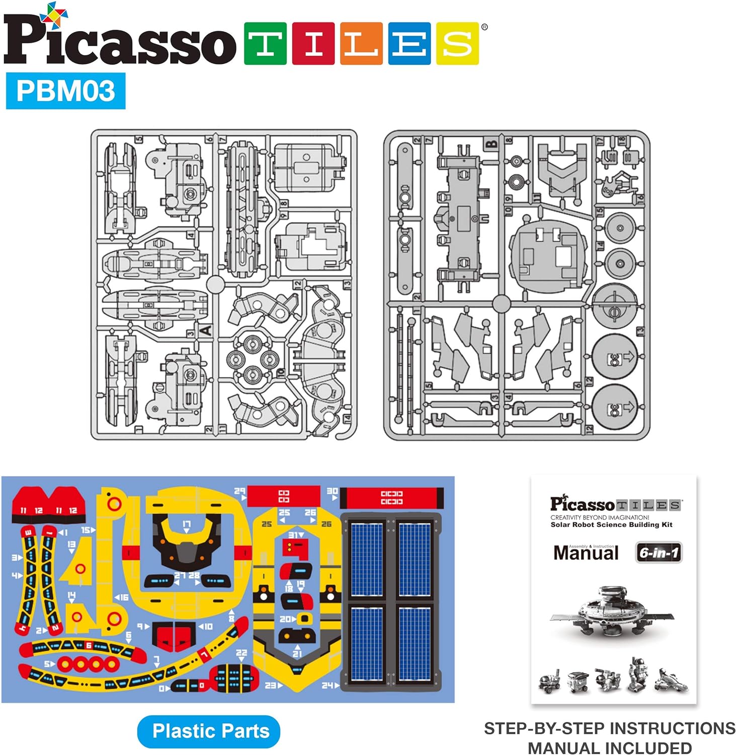 PicassoTiles STEM Kids Solar Powered Transformer Robot Educational Learning Engineering Building Toy 12in1 Creative Unique Transformation Renewable Energy Science Experiment DIY Kit Boy Girl Age 86in1 Aerospace