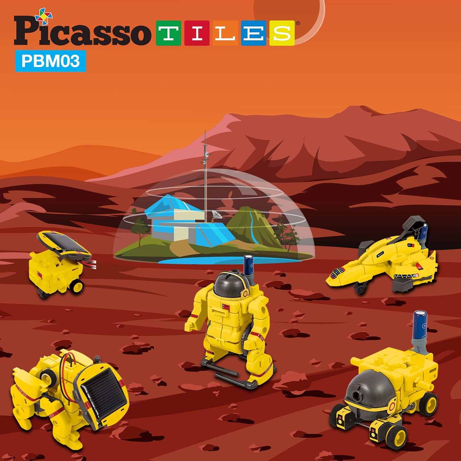 PicassoTiles STEM Kids Solar Powered Transformer Robot Educational Learning Engineering Building Toy 12in1 Creative Unique Transformation Renewable Energy Science Experiment DIY Kit Boy Girl Age 86in1 Aerospace