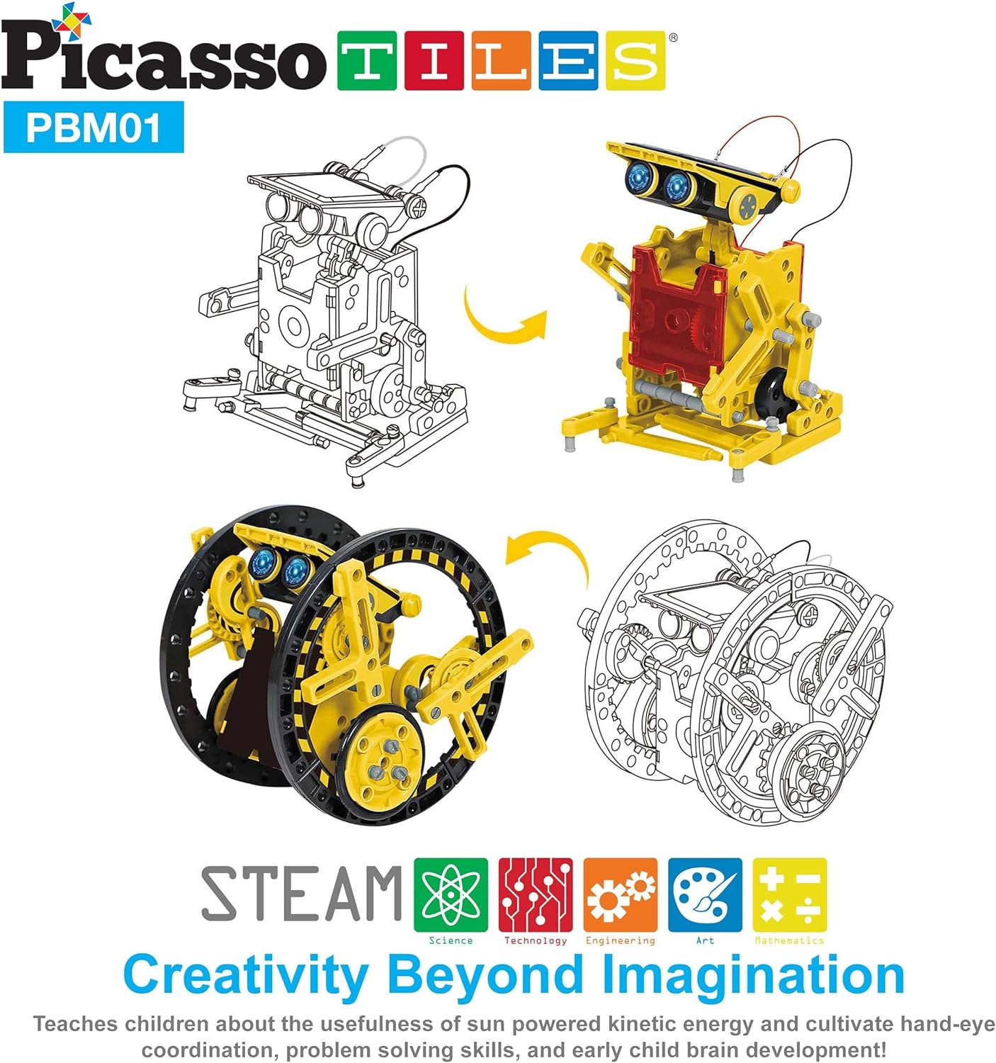 PicassoTiles STEM Kids Solar Powered Transformer Robot Educational Learning Engineering Building Toy 12in1 Creative Unique Transformation Renewable Energy Science Experiment DIY Kit Boy Girl Age 812in1 Robot