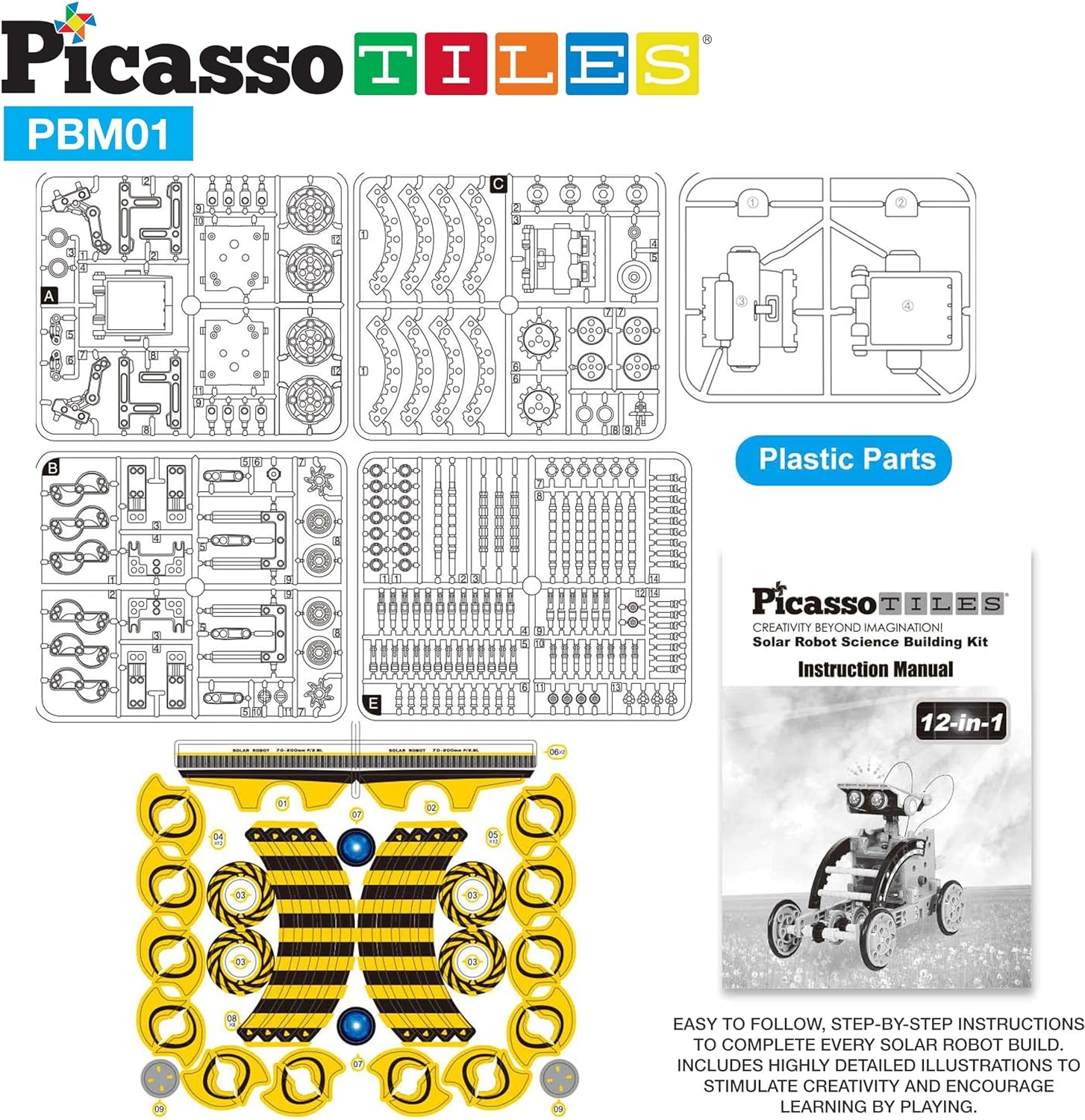 PicassoTiles STEM Kids Solar Powered Transformer Robot Educational Learning Engineering Building Toy 12in1 Creative Unique Transformation Renewable Energy Science Experiment DIY Kit Boy Girl Age 812in1 Robot
