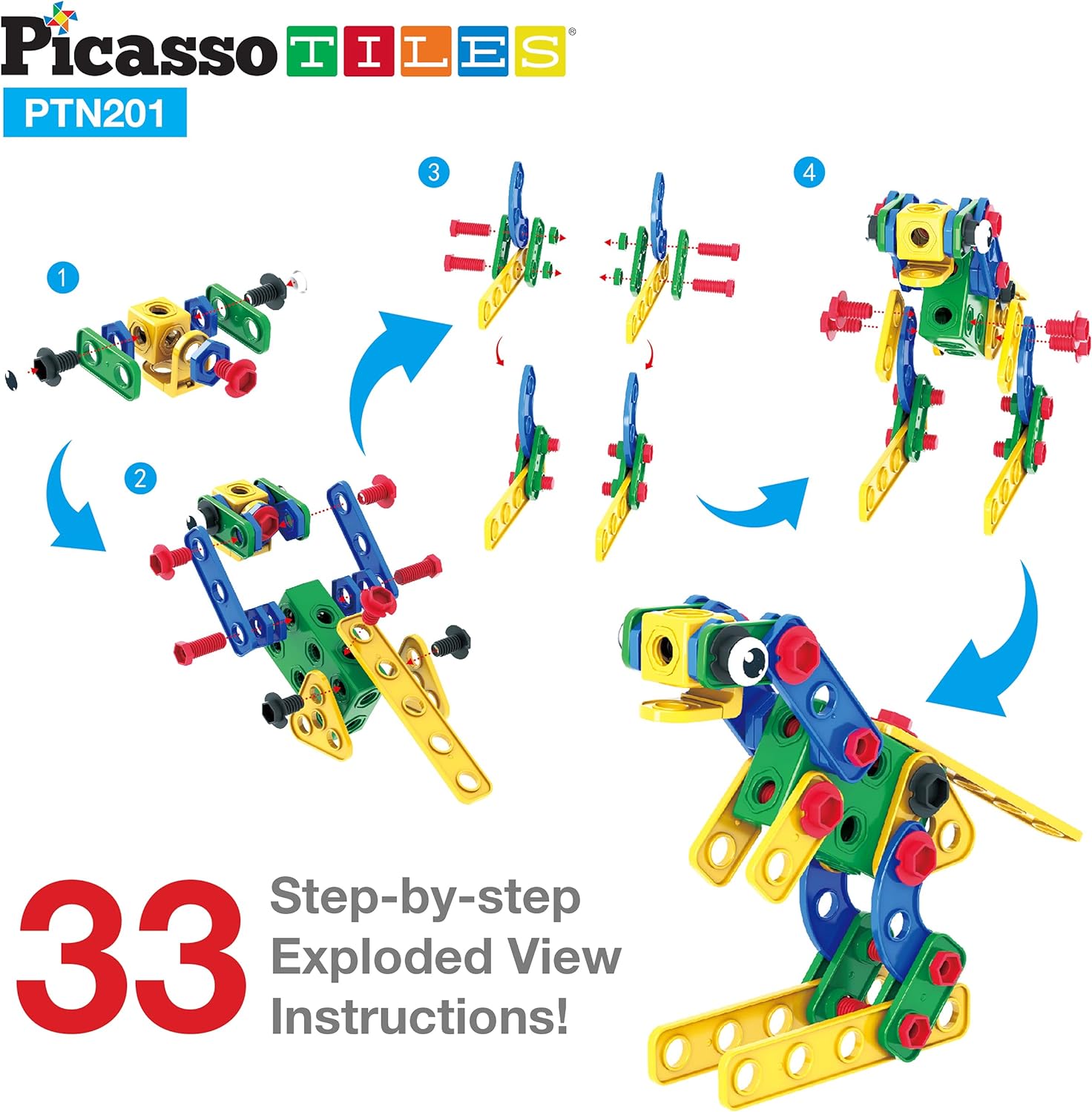 PicassoTiles STEM Kids Solar Powered Transformer Robot Educational Learning Engineering Building Toy 12in1 Creative Unique Transformation Renewable Energy Science Experiment DIY Kit Boy Girl Age 8201PC w Bin