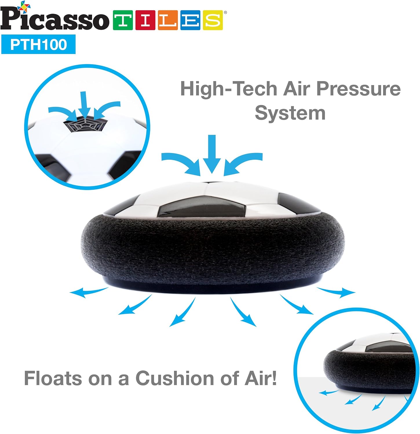 PicassoTiles Soccer Hoverball Air Hockey Electric Power Airlifted Hover Ball Indoor Floating Airflow Hovering LED Light and Soft Bumper Battery Powered Training and Playing Age 3 and up PTH100PicassoTiles Soccer Hoverball Air Hockey Electric Power Airlifted Hover Ball Indoor Floating Airflow Hovering LED Light and Soft Bumper Battery Powered Training and Playing Age 3 and up PTH100