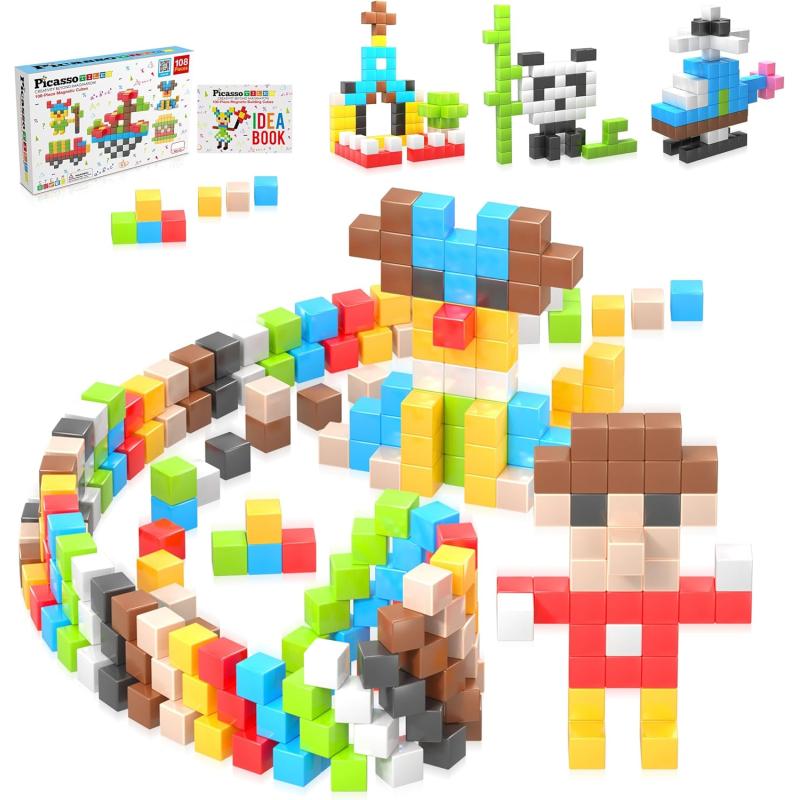 Picasso Cubes 1 Magnetic Puzzle Cubes 108 Piece Magnet Construction Building Block Set Sensory Toy Early Education STEM Learning Free Ideabook with 50 Ideas Children Age 3 Boy Girl PMC108108pc