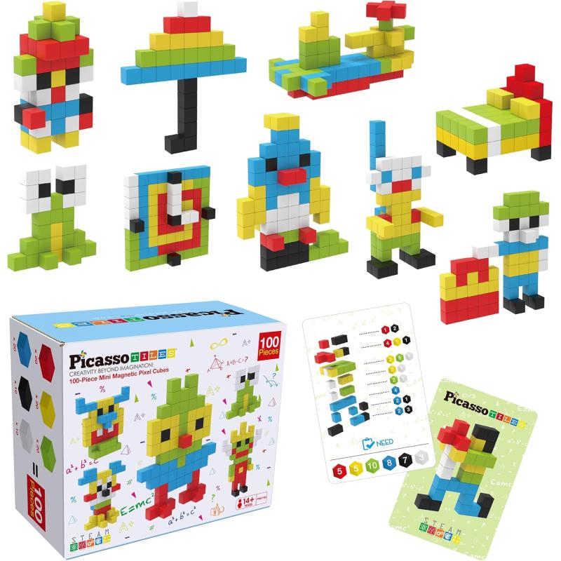 PicassoTiles 05 Pixel Magnetic Puzzle Cube 100 Piece Mix ampamp Match Cubes Sensory Toys STEAM Education Learning Building Block Magnets Children Construction Toy Set Stacking Magnet Creative Kit PMC100100pcs Magnetic Puzzle