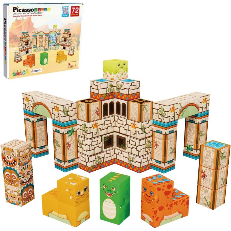 PicassoTiles 05 Pixel Magnetic Puzzle Cube 100 Piece Mix ampamp Match Cubes Sensory Toys STEAM Education Learning Building Block Magnets Children Construction Toy Set Stacking Magnet Creative Kit PMC100Prehistoric World Themed