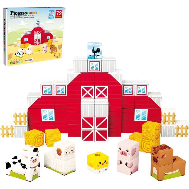 PicassoTiles 05 Pixel Magnetic Puzzle Cube 100 Piece Mix ampamp Match Cubes Sensory Toys STEAM Education Learning Building Block Magnets Children Construction Toy Set Stacking Magnet Creative Kit PMC100Cube Farm House Theme