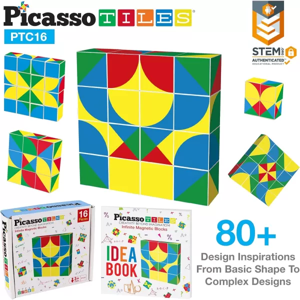 Picasso Cubes 1 Magnetic Puzzle Cubes 108 Piece Magnet Construction Building Block Set Sensory Toy Early Education STEM Learning Free Ideabook with 50 Ideas Children Age 3 Boy Girl PMC108Geo1