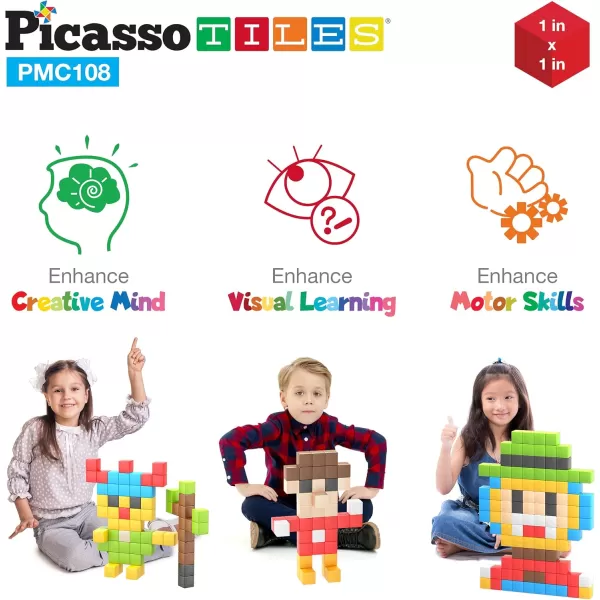 Picasso Cubes 1 Magnetic Puzzle Cubes 108 Piece Magnet Construction Building Block Set Sensory Toy Early Education STEM Learning Free Ideabook with 50 Ideas Children Age 3 Boy Girl PMC108108pc