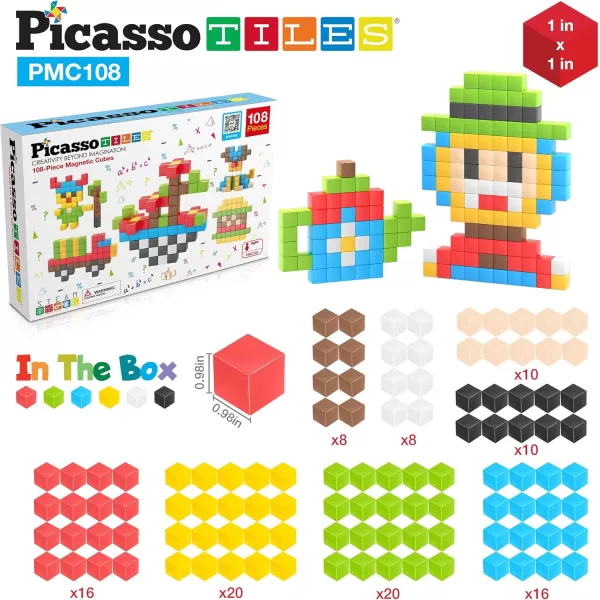 Picasso Cubes 1 Magnetic Puzzle Cubes 108 Piece Magnet Construction Building Block Set Sensory Toy Early Education STEM Learning Free Ideabook with 50 Ideas Children Age 3 Boy Girl PMC108108pc