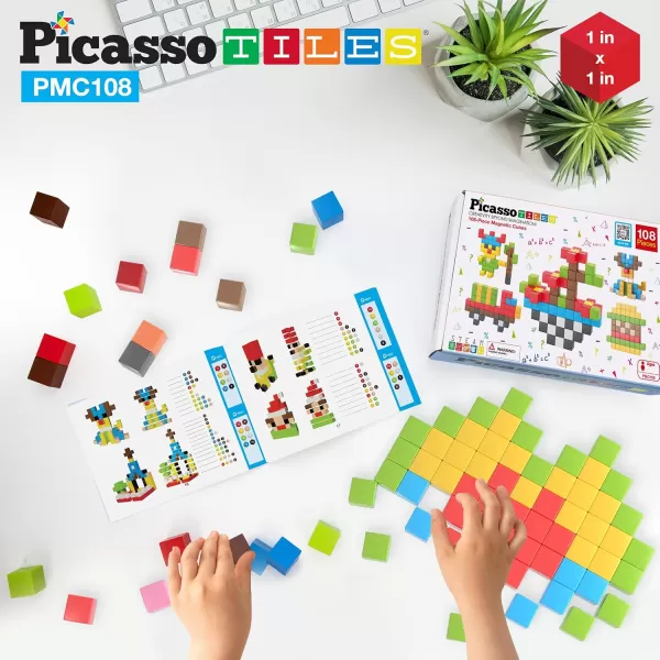 Picasso Cubes 1 Magnetic Puzzle Cubes 108 Piece Magnet Construction Building Block Set Sensory Toy Early Education STEM Learning Free Ideabook with 50 Ideas Children Age 3 Boy Girl PMC108108pc