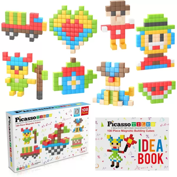 Picasso Cubes 1 Magnetic Puzzle Cubes 108 Piece Magnet Construction Building Block Set Sensory Toy Early Education STEM Learning Free Ideabook with 50 Ideas Children Age 3 Boy Girl PMC108108pc