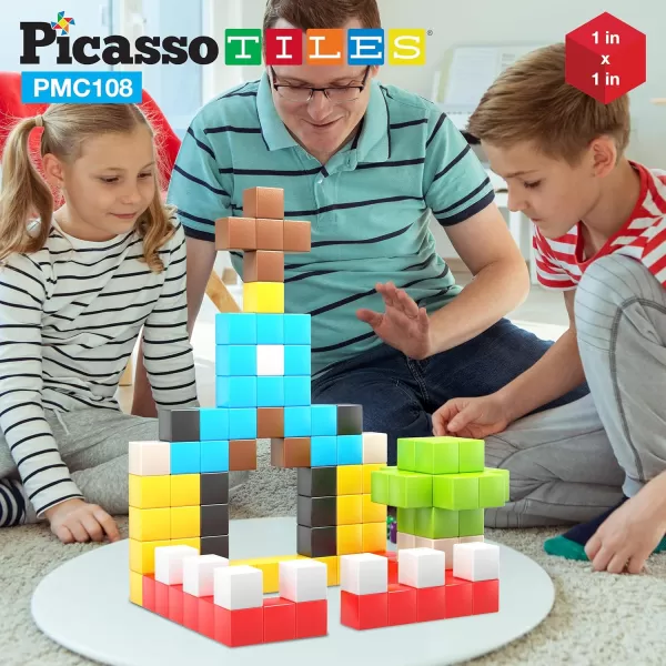Picasso Cubes 1 Magnetic Puzzle Cubes 108 Piece Magnet Construction Building Block Set Sensory Toy Early Education STEM Learning Free Ideabook with 50 Ideas Children Age 3 Boy Girl PMC108108pc