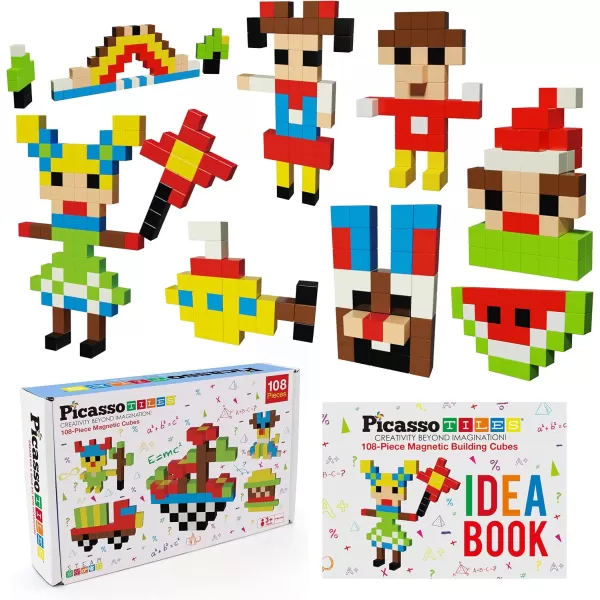 PicassoTiles 108PC Magnetic Puzzle Cube  Toys Carrying Case 1quot Pixel Mix ampamp Match Cubes wFree Idea Book Sensory Toys Magnetic Tiles Construction Block Travel Bag Waterproof Storage Organizer Box