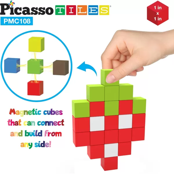 PicassoTiles 108PC Magnetic Puzzle Cube  Toys Carrying Case 1quot Pixel Mix ampamp Match Cubes wFree Idea Book Sensory Toys Magnetic Tiles Construction Block Travel Bag Waterproof Storage Organizer Box