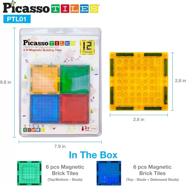 PicassoTiles 12pcs Magnetic Brick Tiles STEM Creative Magnetic Tiles Building Block Set Building Brick Construction Toy Socket Spikes Toys Accessory Educational Imaginative Learning Kit Stacking SetPTL01