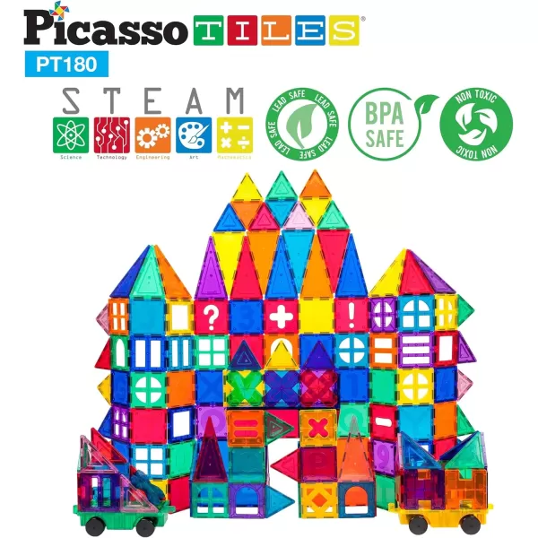 PicassoTiles 180 PCs Magnetic Tile Building Block Deluxe Construction Set with 2 Cars Clear Color Unique Shapes See Through Shape Tiles 3D Playboard Colorful Educational Construction for Kids Ages 3PicassoTiles 180 PCs Magnetic Tile Building Block Deluxe Construction Set with 2 Cars Clear Color Unique Shapes See Through Shape Tiles 3D Playboard Colorful Educational Construction for Kids Ages 3