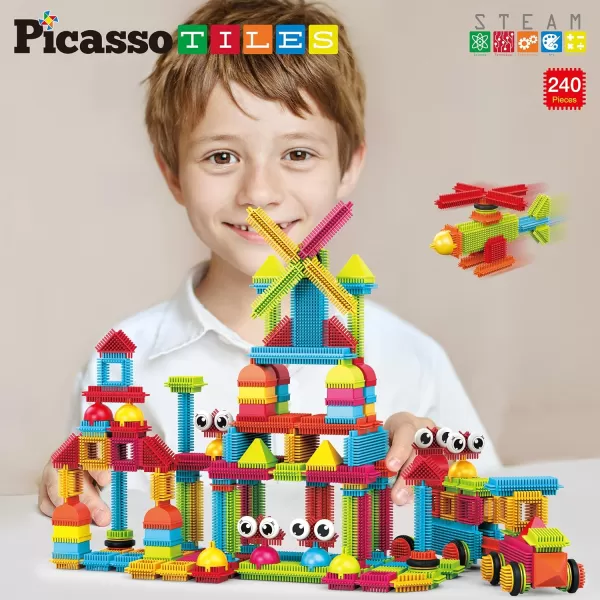PicassoTiles 600pc Construction Toy Straw Building Set Children STEM Learning Interlocking Building Toys Creative Straw Connecting Builder Kits Early Education Kit for Kids Boys amp Girls Ages 3 PTS600Brstle240pc